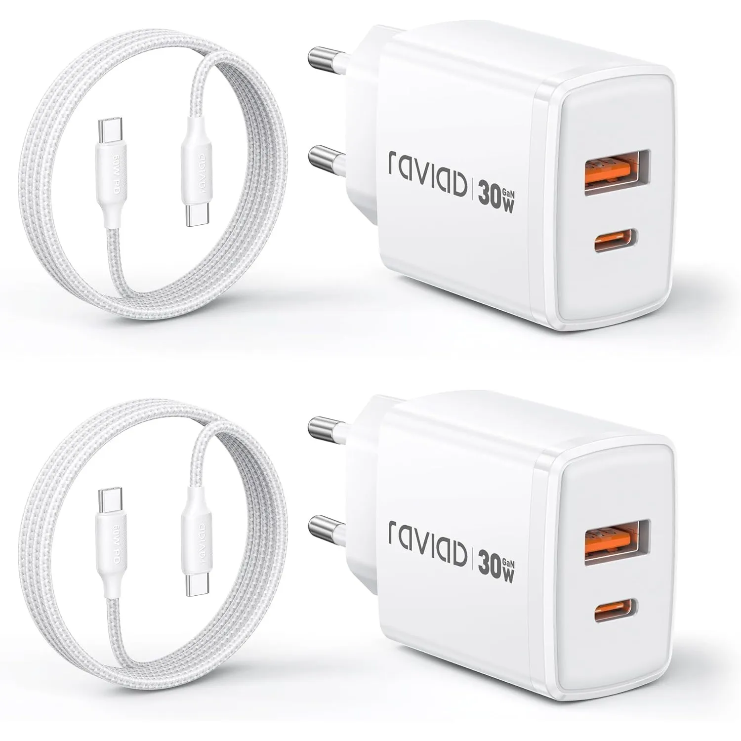 RAVIAD 30W USB C Ladegerät 2-Stück GaN Schnellladegerät mit 60W Kabel 2M