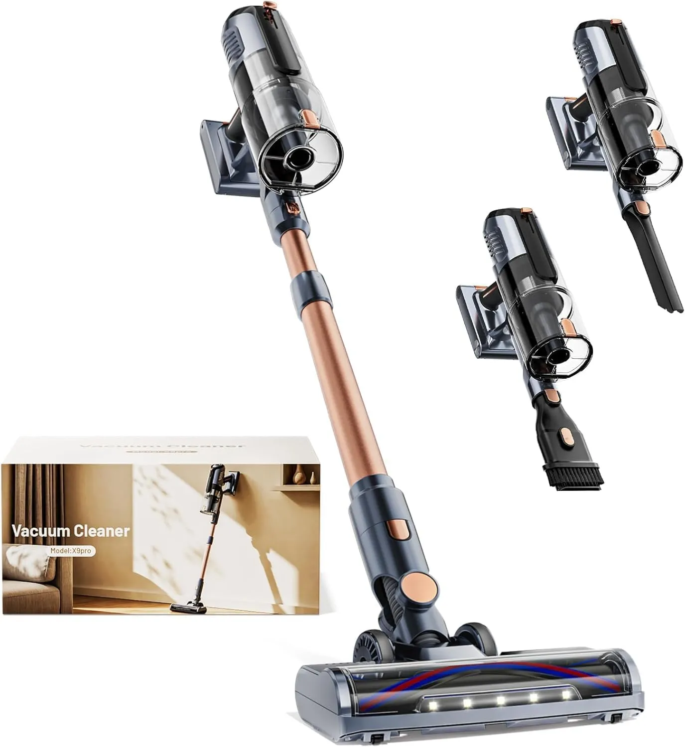 Akku Staubsauger 45000Pa, 60Min, nur 1,9 kg, 6-in-1 Staubsauger Kabellos mit LED-Leuchten, Anti-Tangle-Bürste & Ladesta…