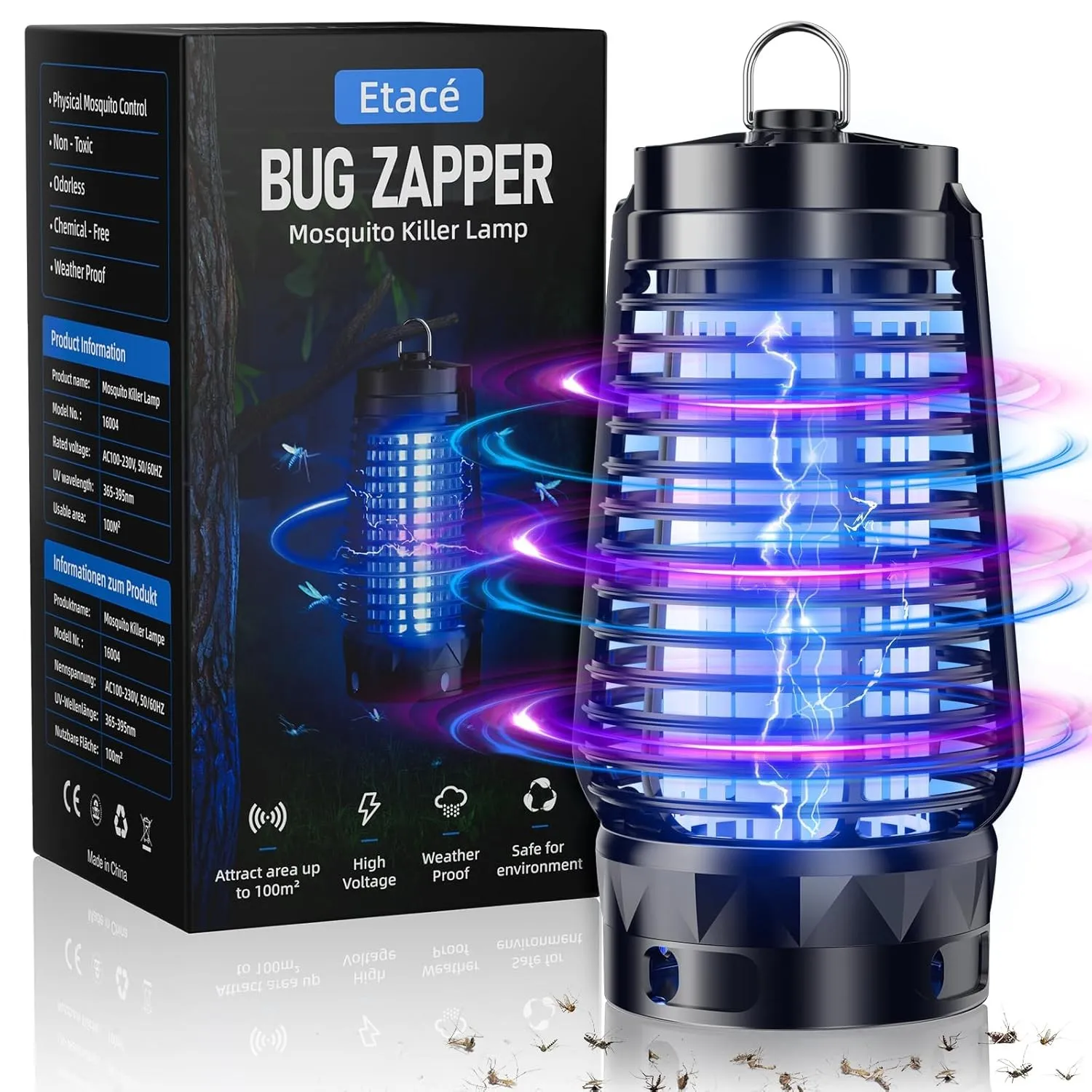 Insektenvernichter Elektrisch, UV-Lampe Stark Mückenfalle, IPX4 wasserdichte Mückenlampe, Fliegenfalle mit Aufhängehake…