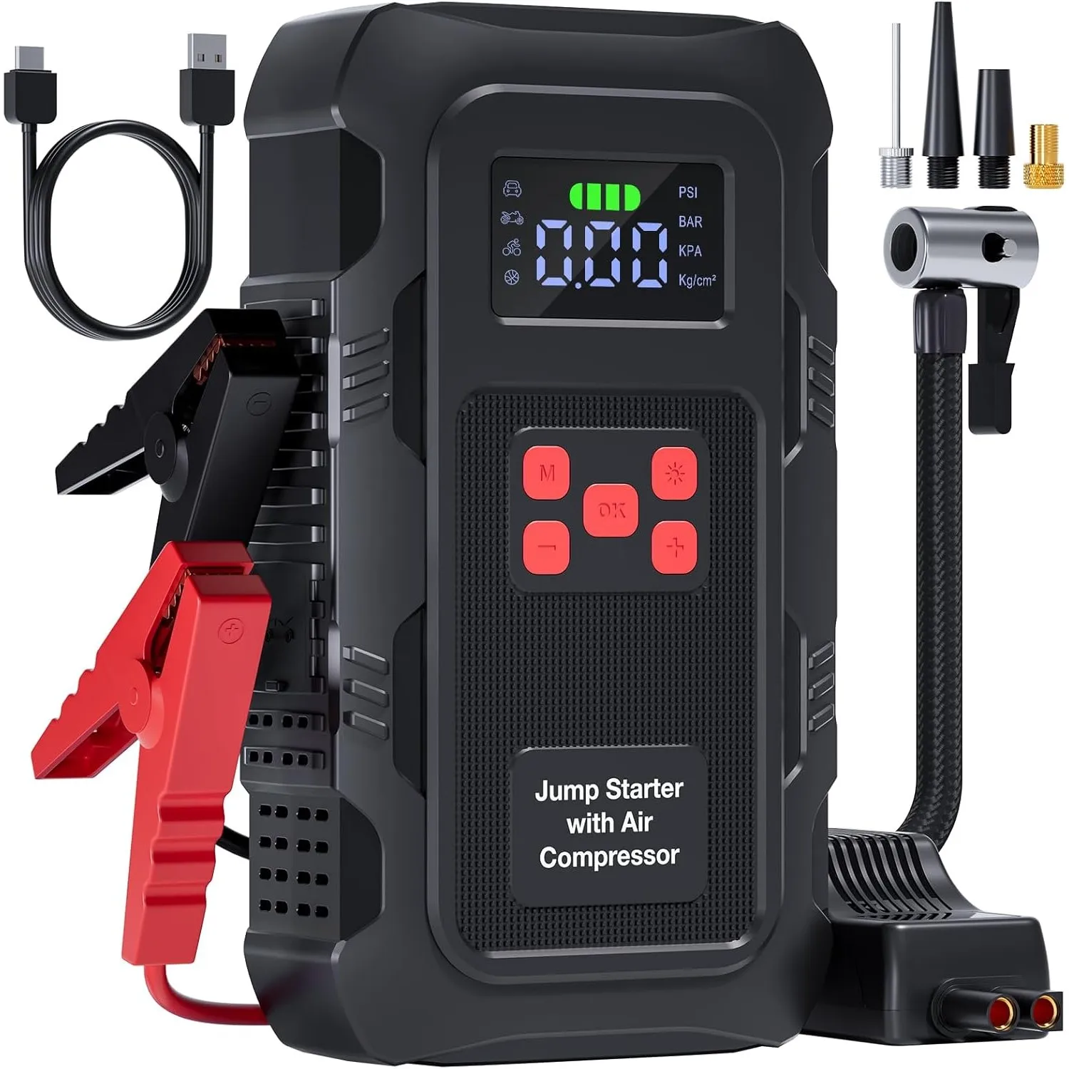 Povasee Starthilfe Powerbank für Pkw mit Kompressor 150 PSI, 9000A Starter Powerbank mit Elektrische Luftpumpe, 12V Aut…