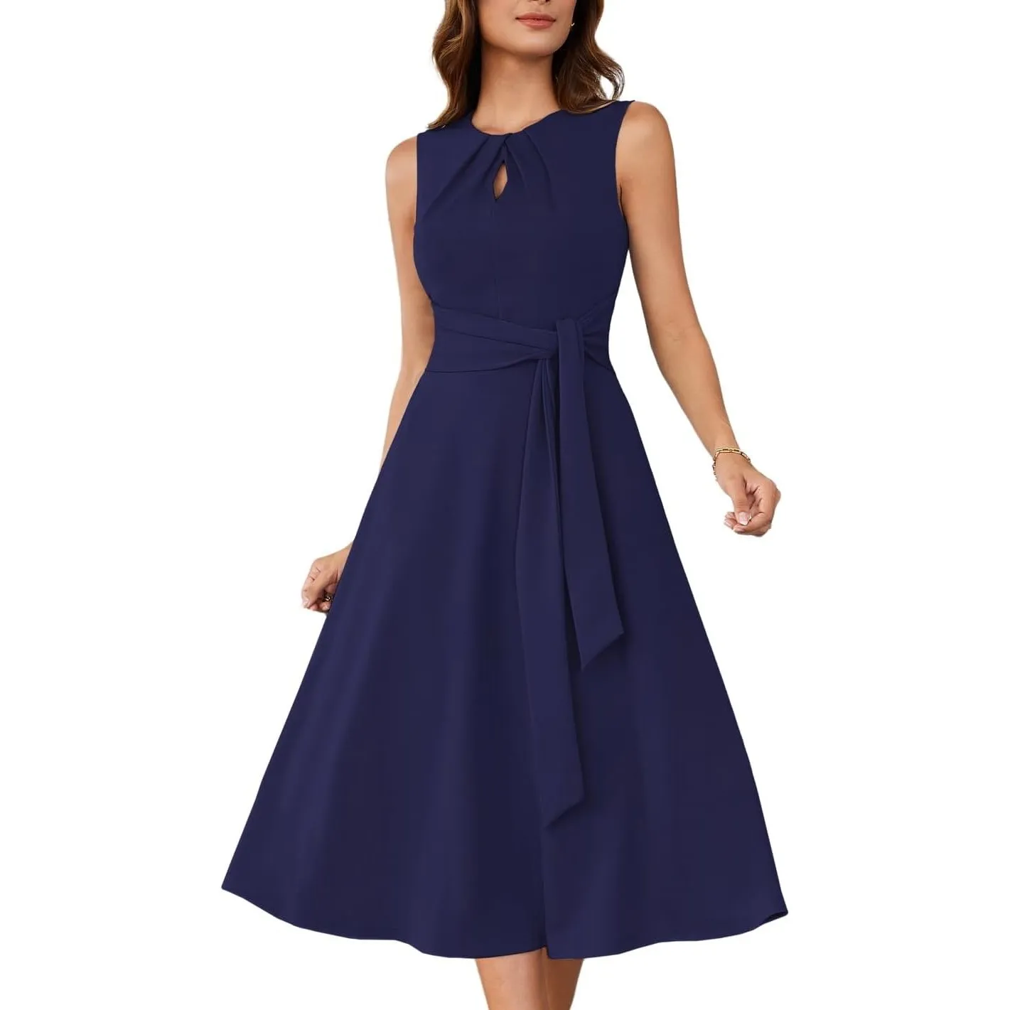 GRACE KARIN Damen A-Linien-Midikleid Ärmelloses Rundhalskleid mit Gürteltaschen Party Club Alltag Arbeit Hochzeit