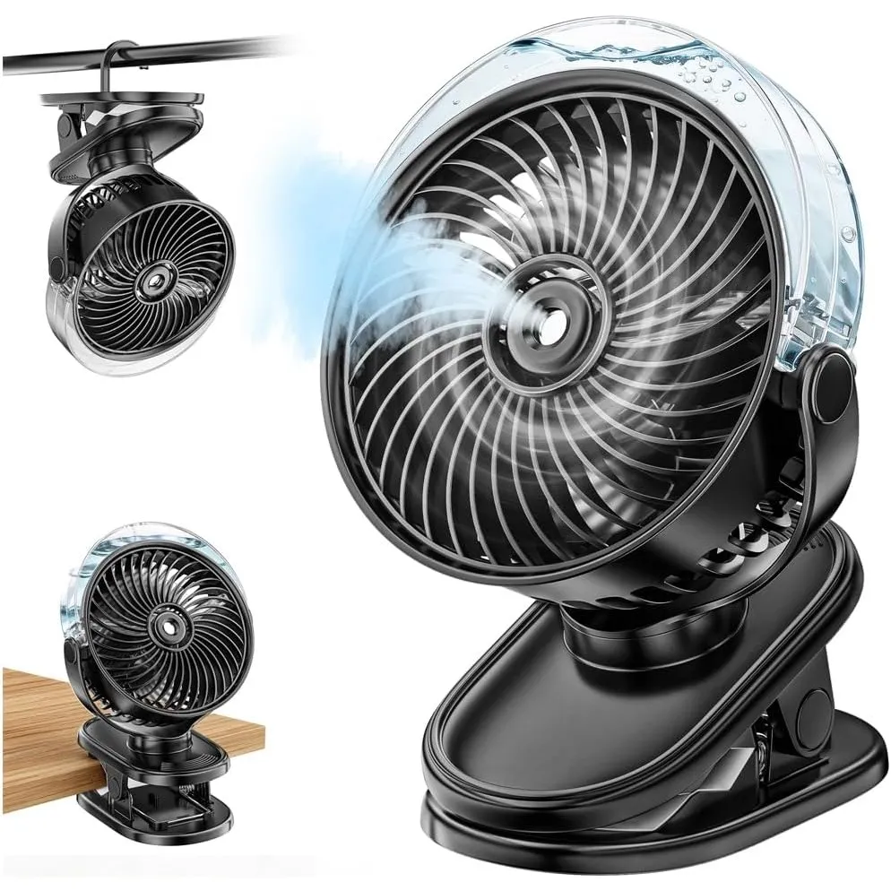 Clip Ventilator Mit Wasserkühlung, 6000mAh Ventilator Akku Aufladbar | Mini Tragbarer USB Tischventilator mit 4 Windstu…