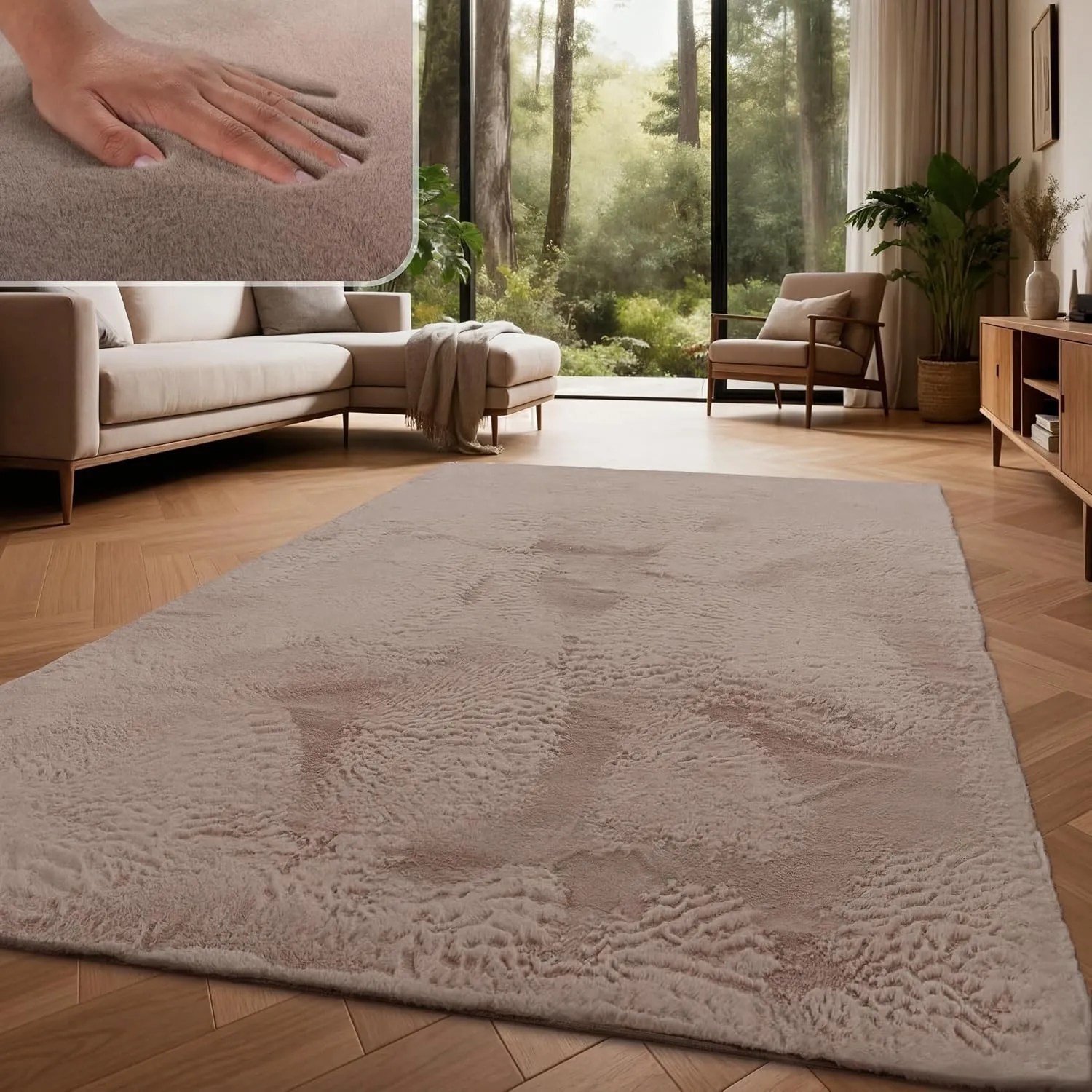 Paco Home Teppich Wohnzimmer Hochflor Softes Kaninchenfell Imitat Kunstfell Shaggy Taupe, Grösse:60x90 cm