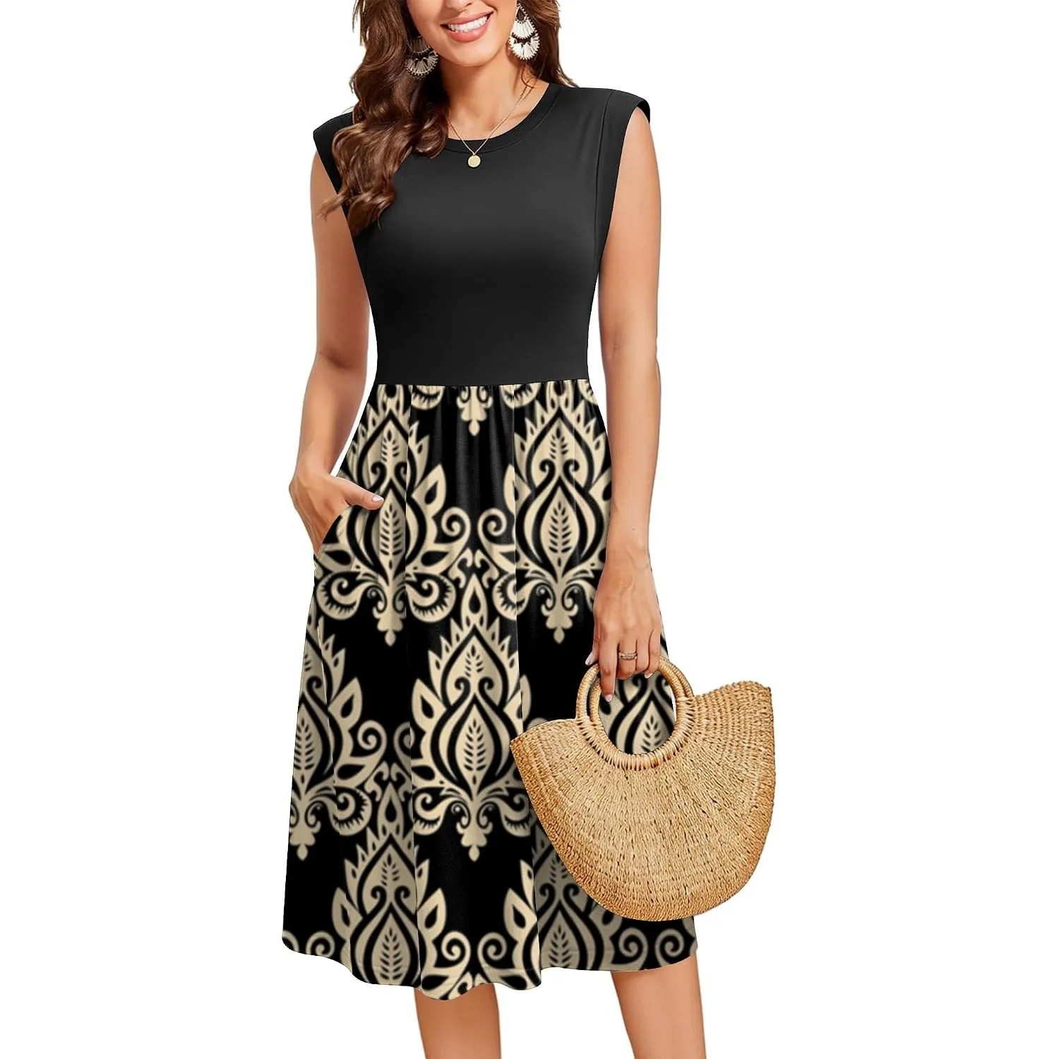 Zeagoo Sommerkleid Damen Elegant Kleider Ärmellos Strandkleid Rundhals Tunika Kleid Freizeit A-Linie Midikleid mit Tasc…