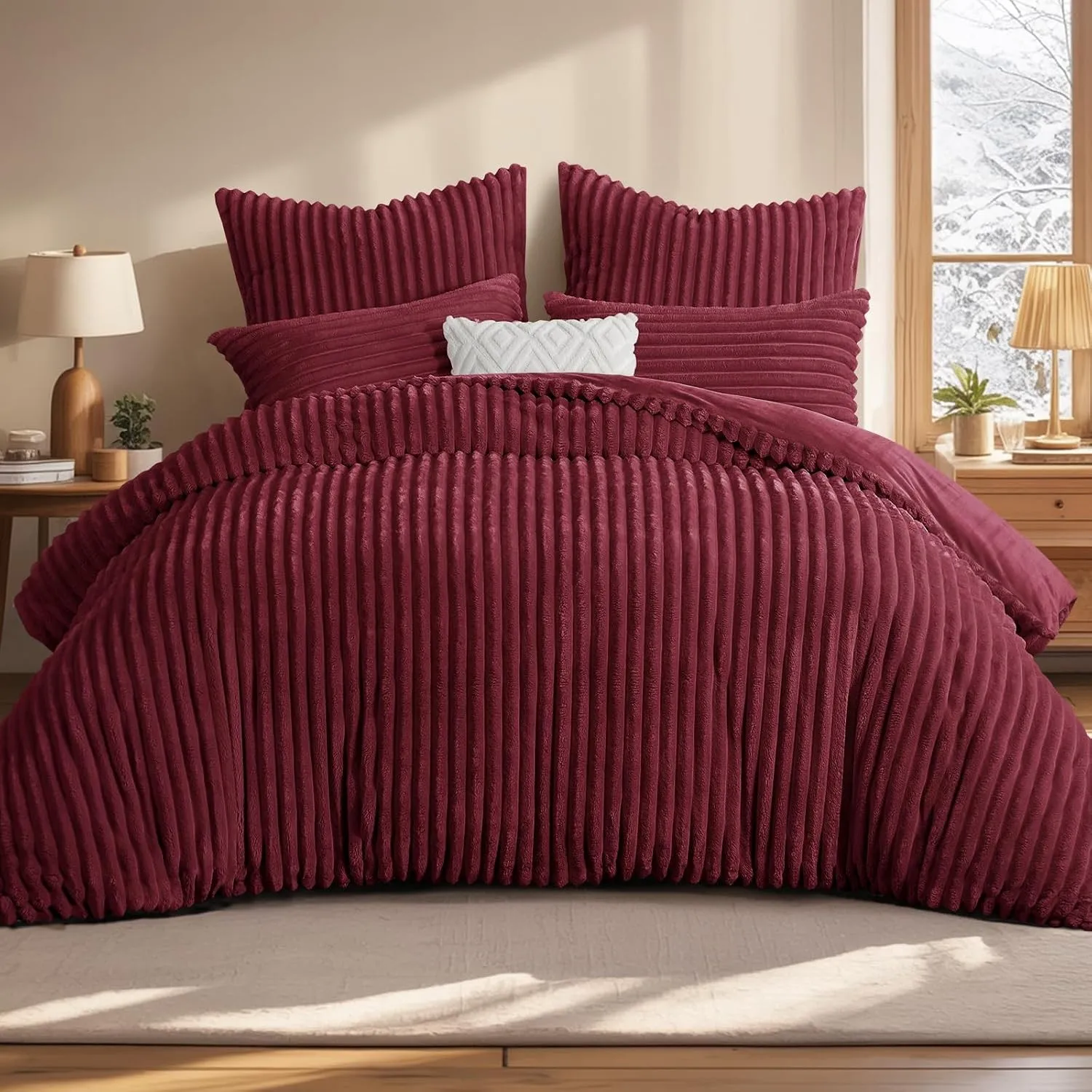 Aisbo Winter Warm bettwäsche 220x240 3teilig Burgundy - Cord Flauschige Flanell Winterbettwäsche Plüsch Teddy Fleece Ca…