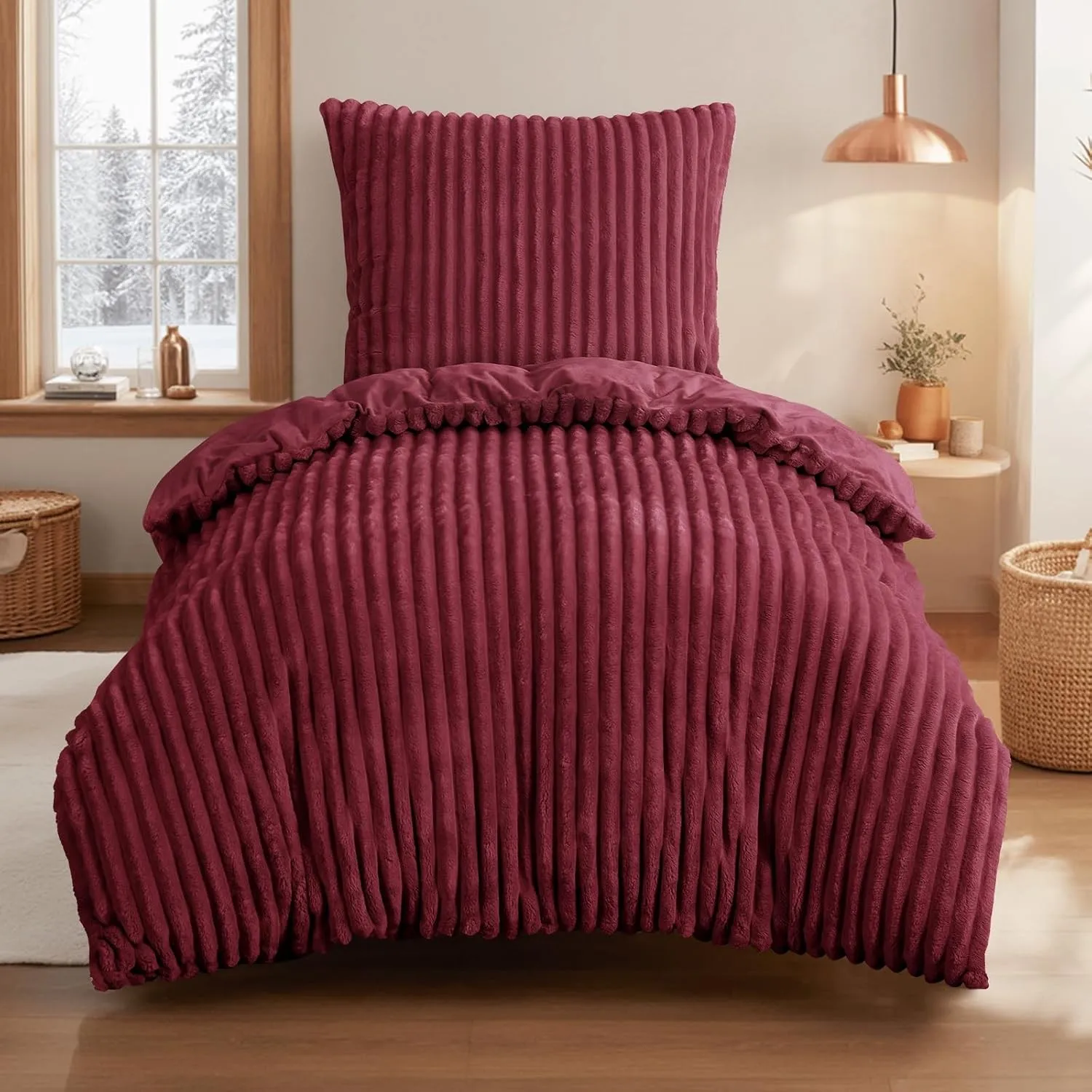 Aisbo Winter Warm bettwäsche 155x220 2teilig Burgundy - Cord Flauschige Flanell Winterbettwäsche Plüsch Teddy Fleece Ca…