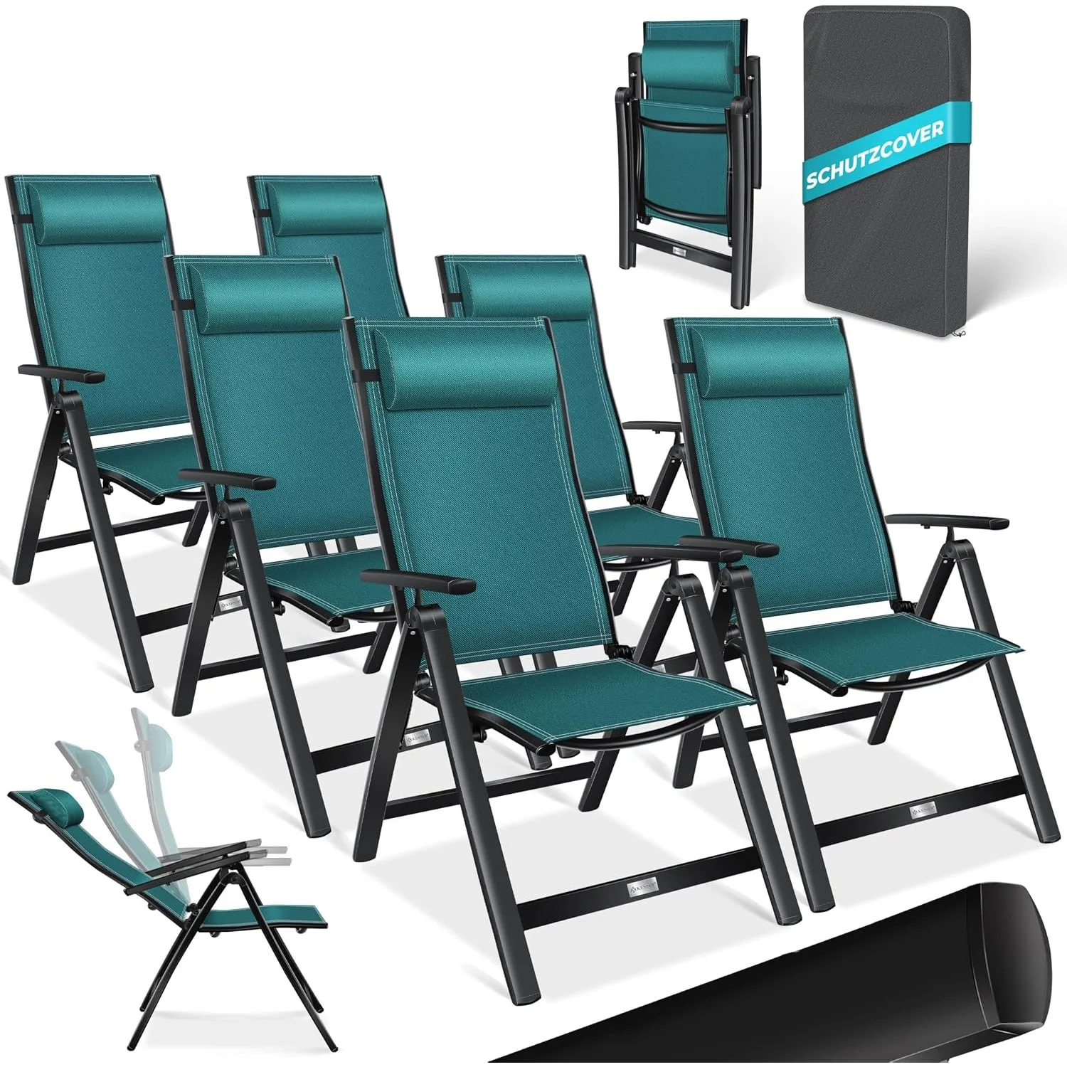 KESSER® Gartenstuhl Hochlehner mit Armlehnen 6er Set Aluminium Klappstuhl mit Kopfkissen & Abdeckung Campingstuhl 7-Fac…