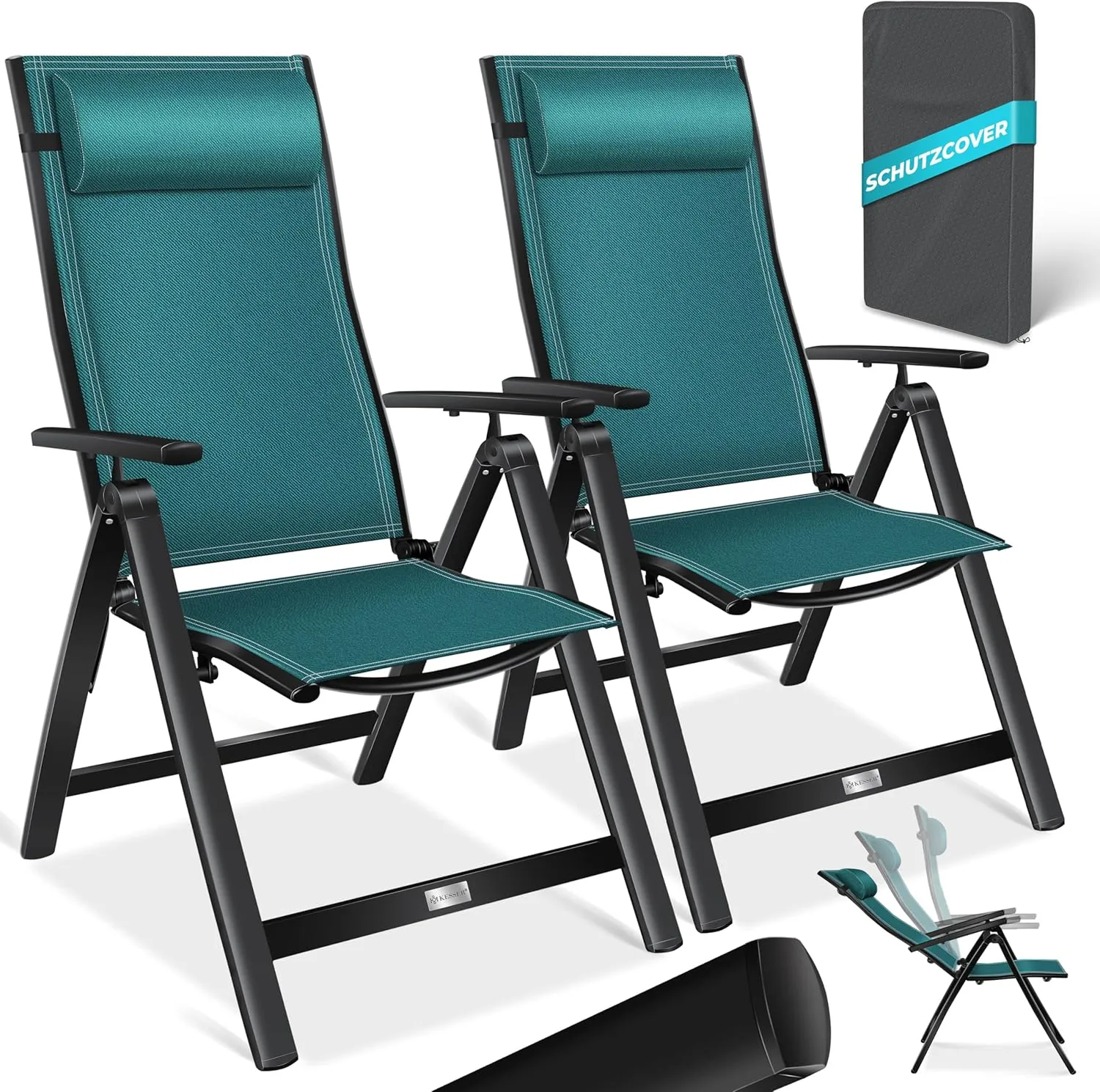 KESSER Garden Chair High-Backed Chair with Armrests, Set of 2, Aluminium Folding Chairs with Pillow and Cover, Camping …