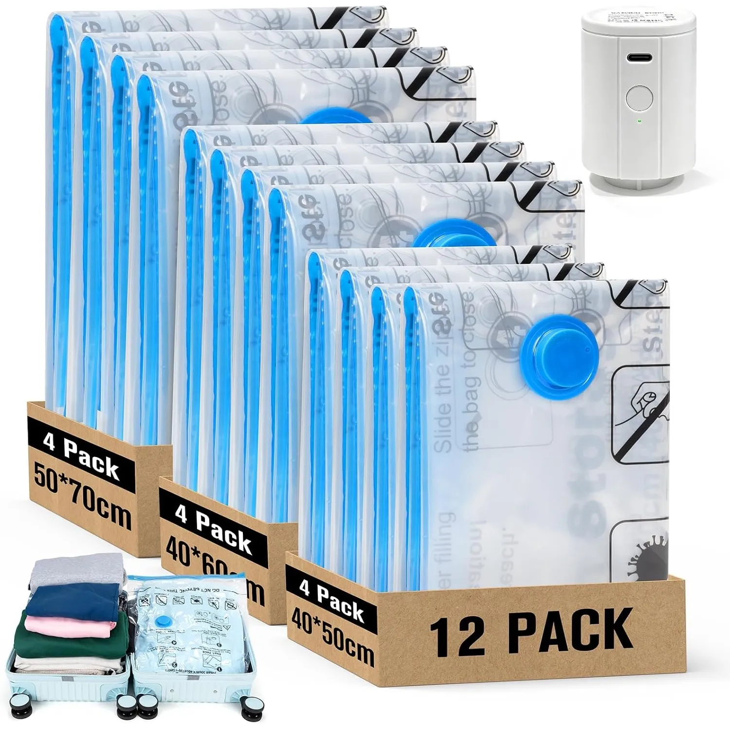 BoxLegend 12 Stück Vakuumbeutel für Kleidung Reise mit Vakuumpumpe