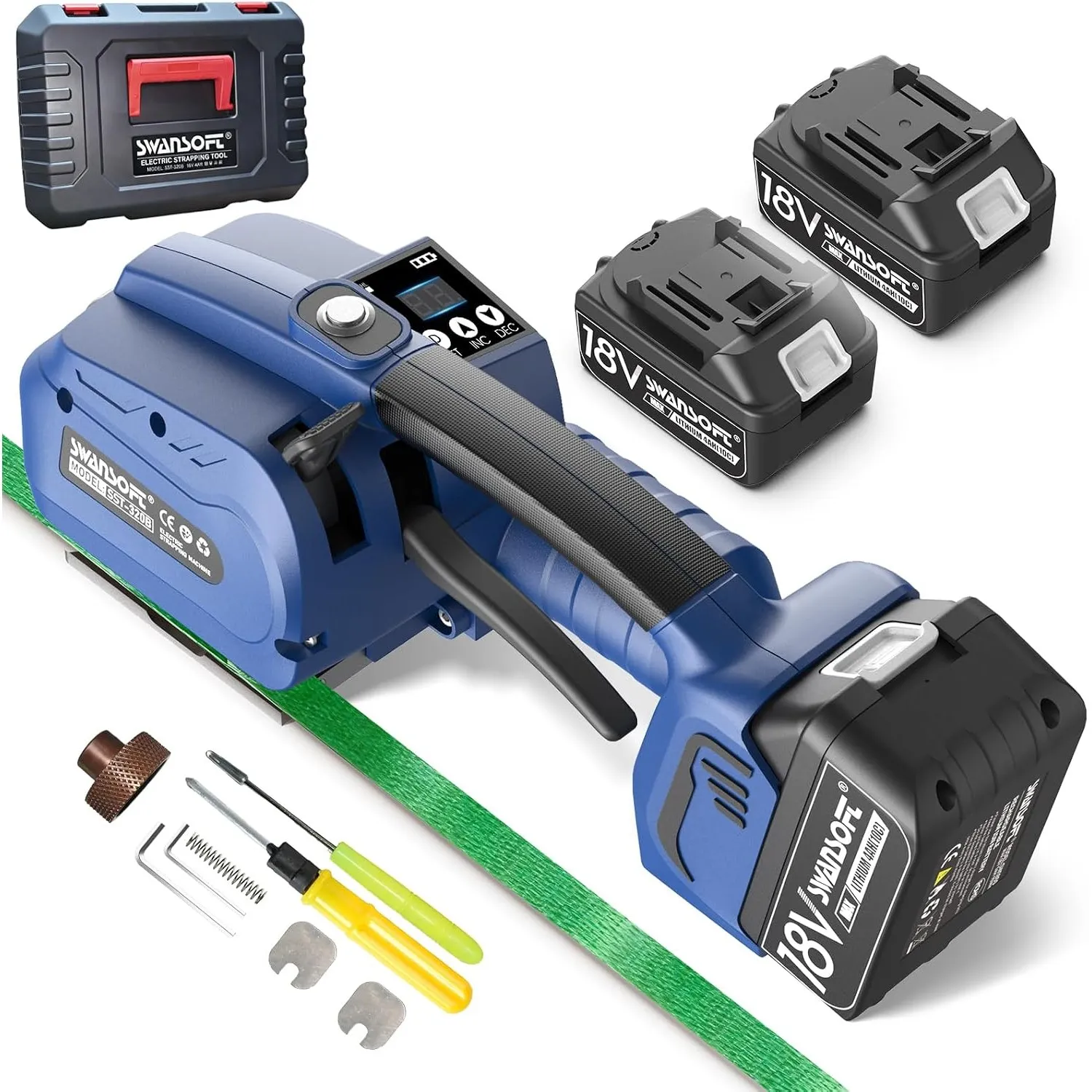 SWANSOFT Umreifungsgerät Akku für 13-16 mm PP-/PET-Band mit Digitaldisplay, 2 x 4000 mAh Akku, 3200N Elektrische Umreif…