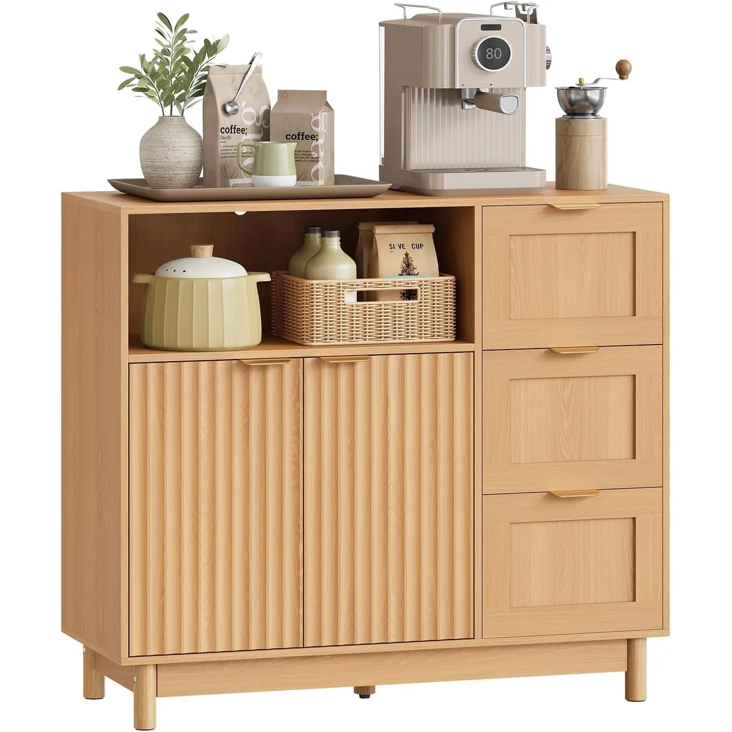 WOLTU Küchenschrank, Sideboard mit 3 Schubladen, 2 Türen und offenem Fach, Kommode Küche mit Verstellbarer Ablage, Aufb…