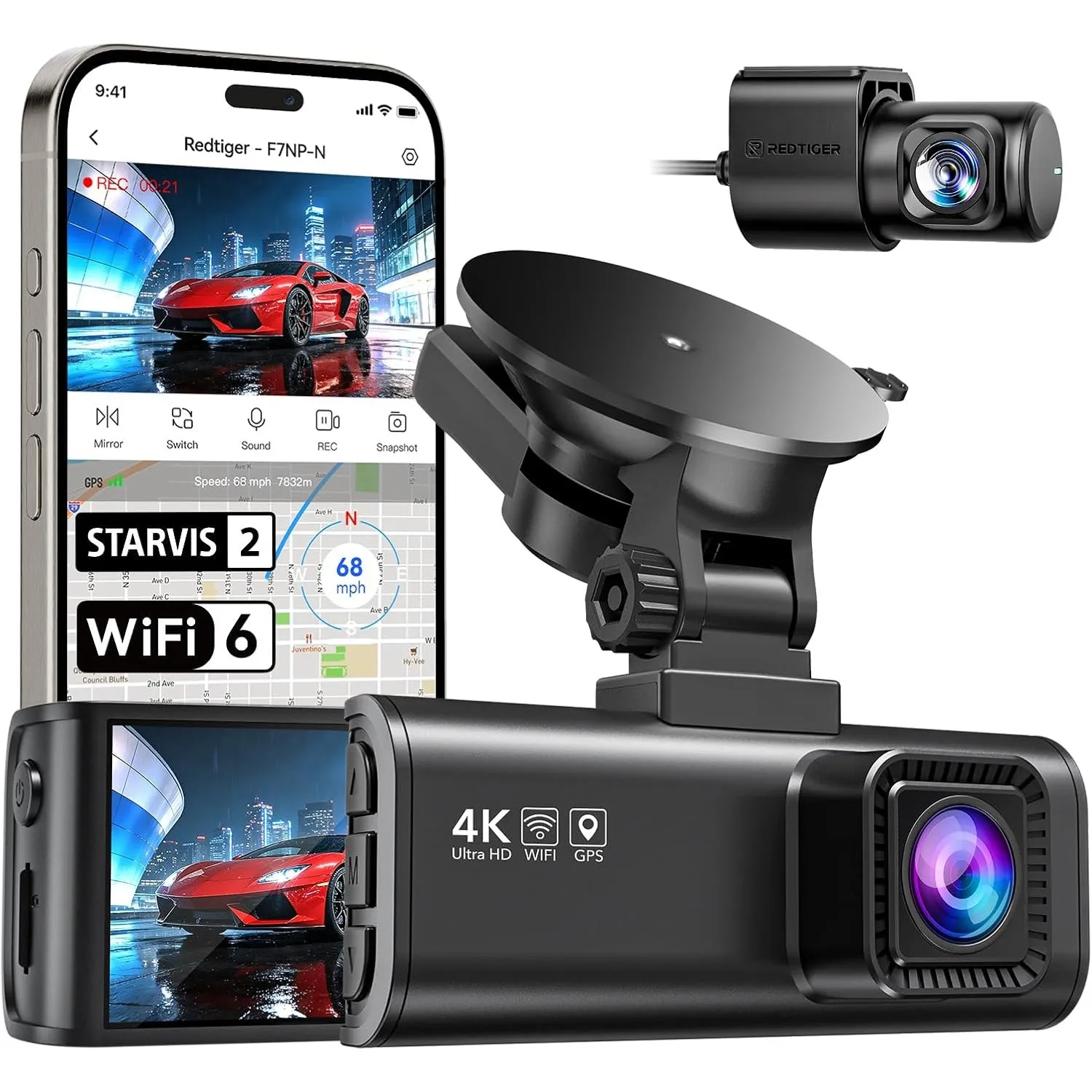 REDTIGER Dashcam Auto Vorne Hinten 4K/2,5K mit STARVIS 2, 5.8GHz WiFi20MB/s