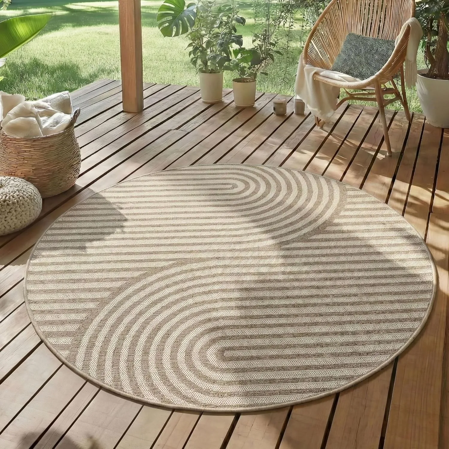 SIMPEX Outdoor Teppich Rund 80 cm Beige Wetterfest UV-beständig Pflegeleicht Skandi Boho Design für Balkon Küche Flur I…