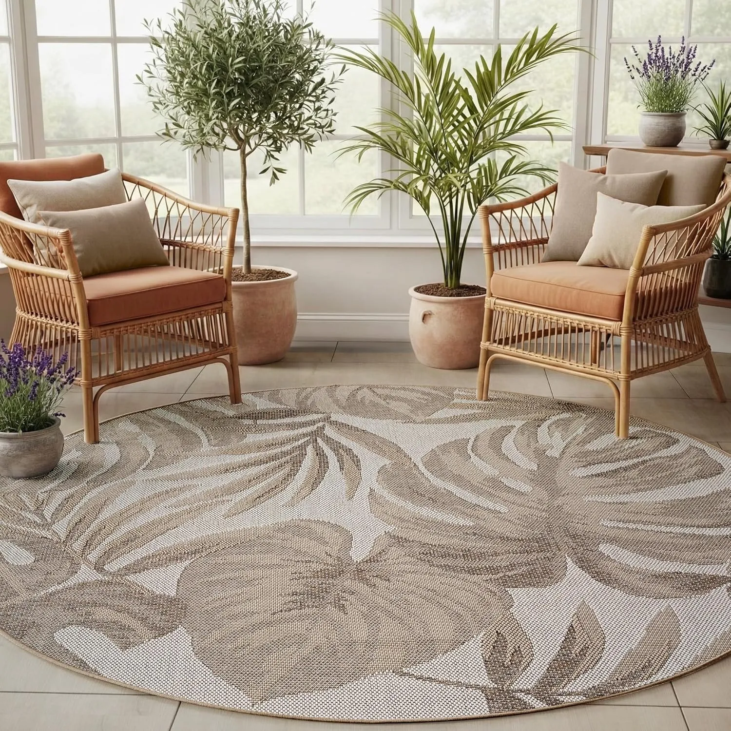 SIMPEX Outdoor Teppich Rund 200 cm Beige, Wetterfest UV beständig, Garten Terrasse Wohnzimmer Esszimmer Teppich Indoor …