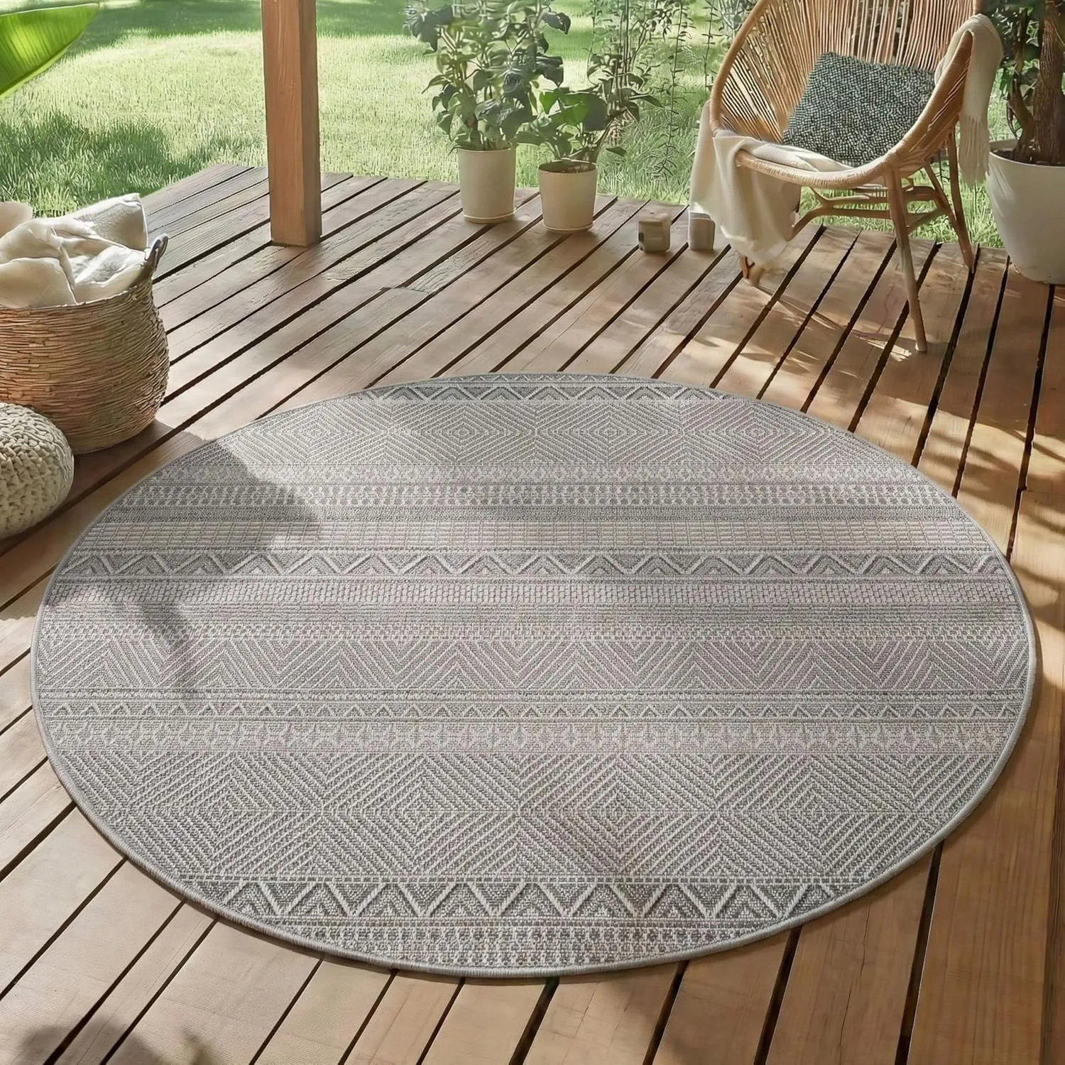 SIMPEX Outdoor Teppich Rund 200 cm Grau Wetterfest UV-beständig Pflegeleicht Skandi Boho Design für Garten Terrasse Woh…