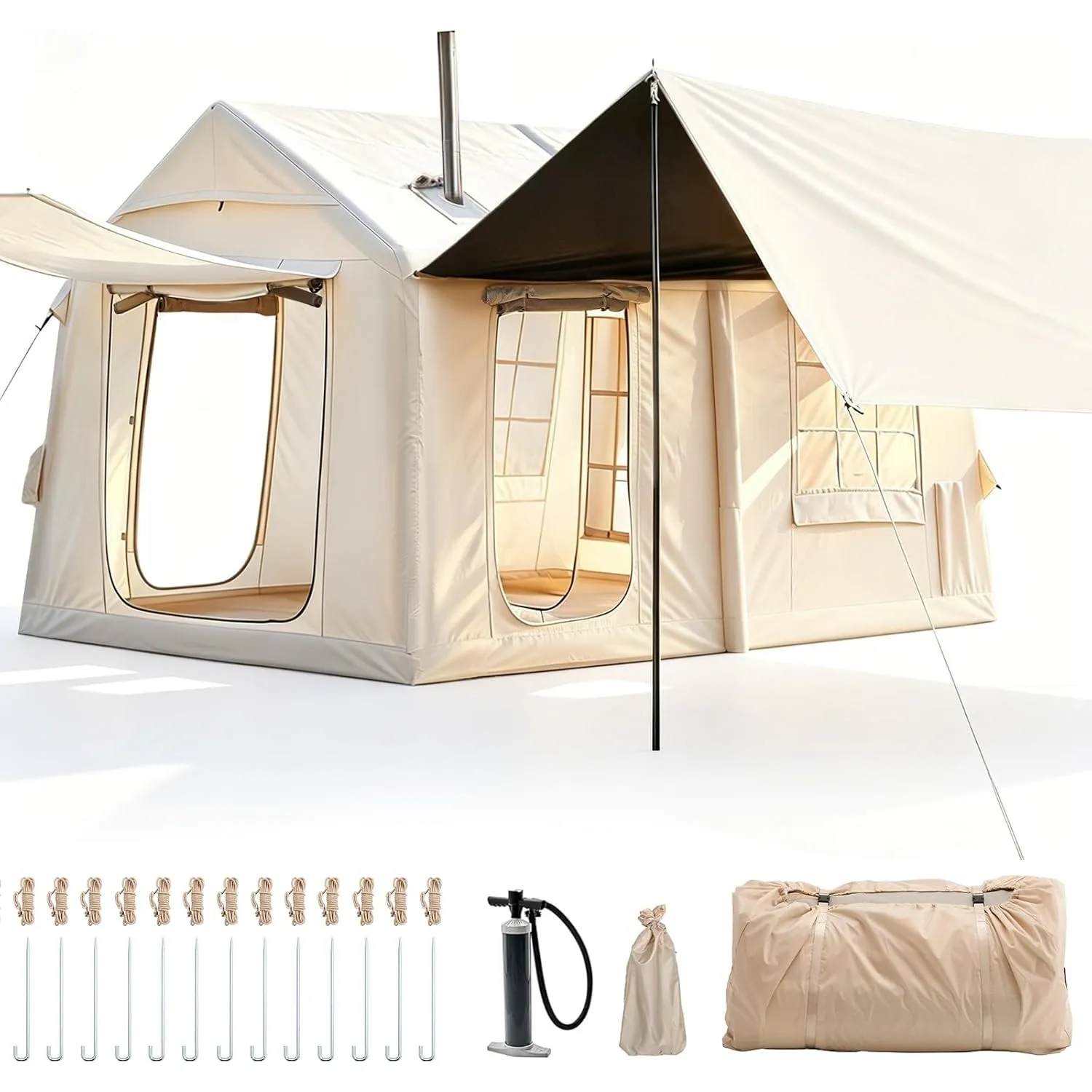 Aufblasbares Campingzelt mit Kaminöffnung & Dachfenster, Aufblasbare Zelt für 2-10per mit Luftpumpe, Zelt Aufblasbar au…