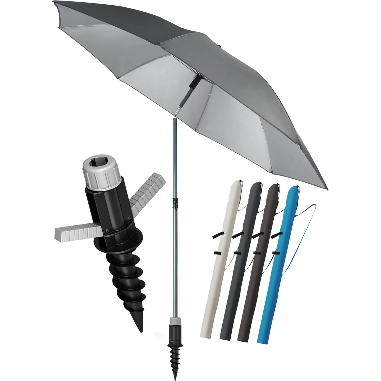 4smile Sonnenschirm Strand SunnyJoy, 3-in-1 SET, Anthraizt - UPF 50+ Strandschirm Ø 180 cm + Sonnenschirm-Bodenhülse + …