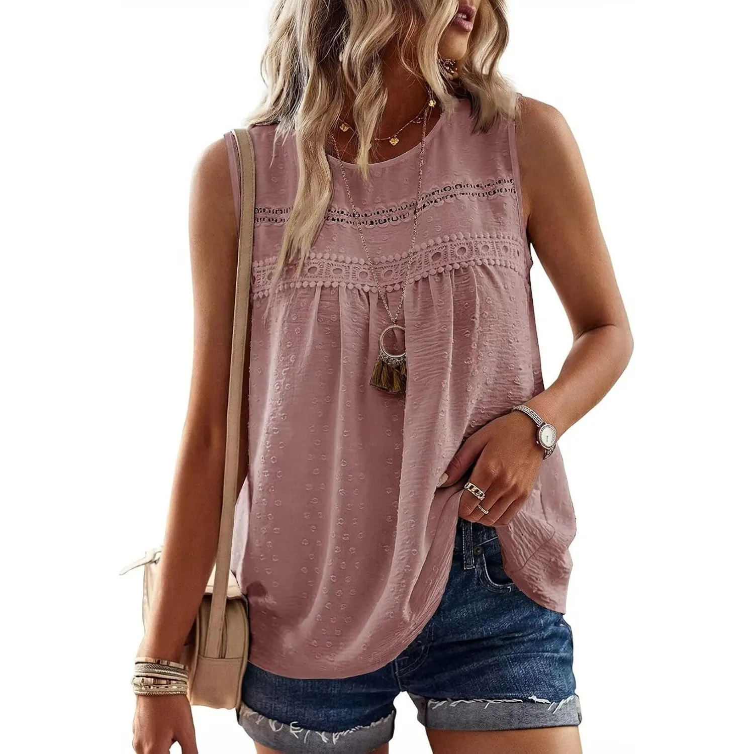Tank Top Damen Sommer Bluse Ärmellose Oberteile Elegant Swiss Dot | Rundhal Ausschnitt Oberteile, Boho Swiss Dot T Shir…