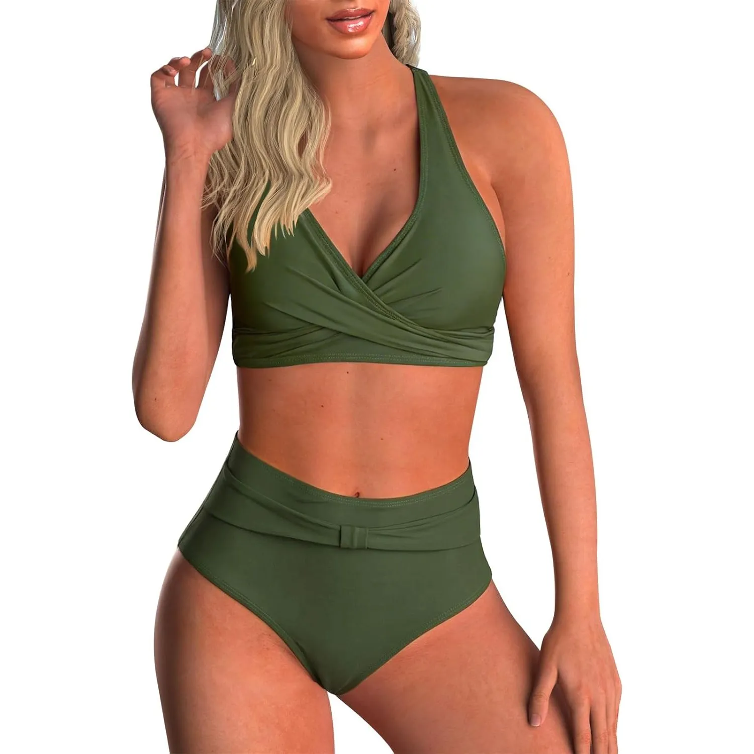 Adigaber Damen Zweiteiliger Badeanzug V Ausschnitt überkreuztes Blumenmuster Bikini Bademode Bauchkontrolle Bikini Sets
