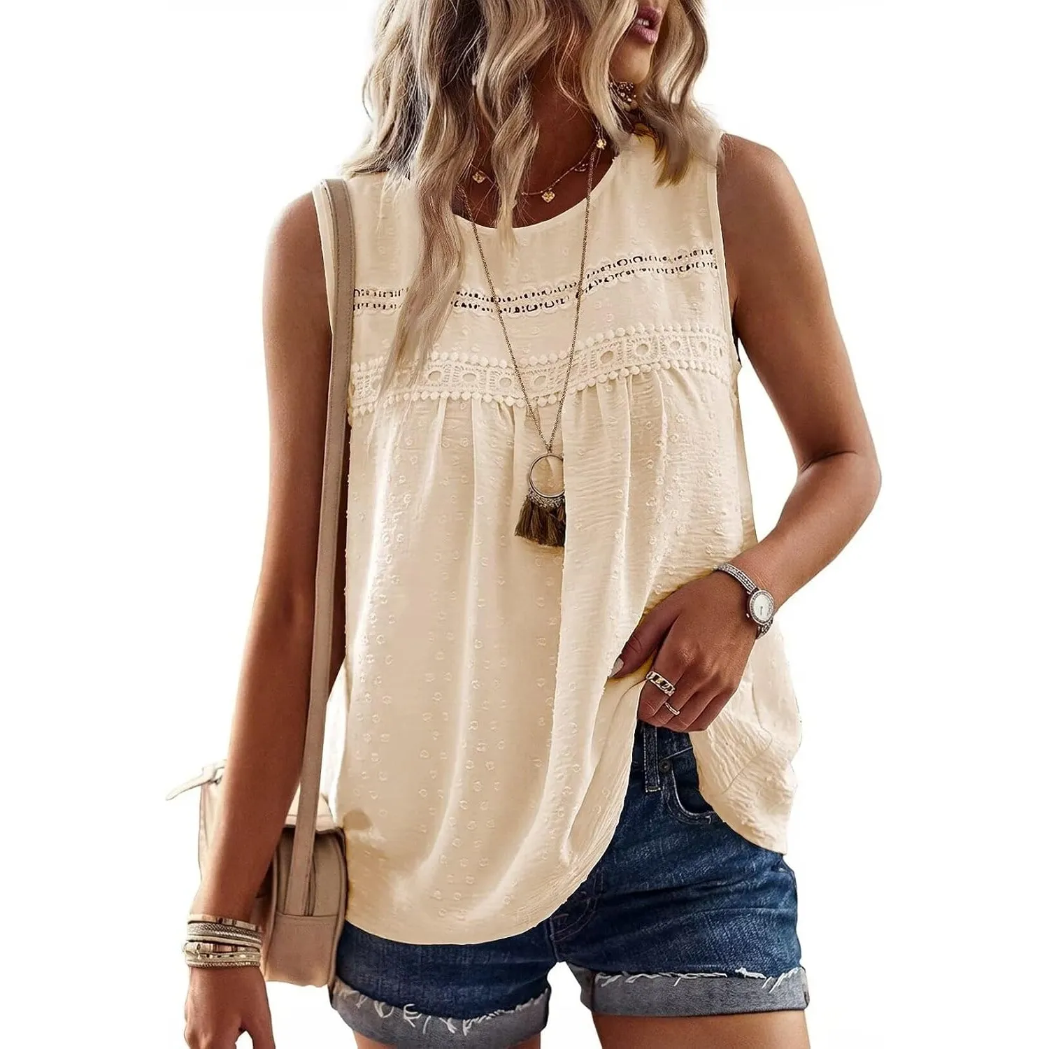 Tank Top Damen Sommer Bluse Ärmellose Oberteile Elegant Swiss Dot | Rundhal Ausschnitt Oberteile, Boho Swiss Dot T Shir…