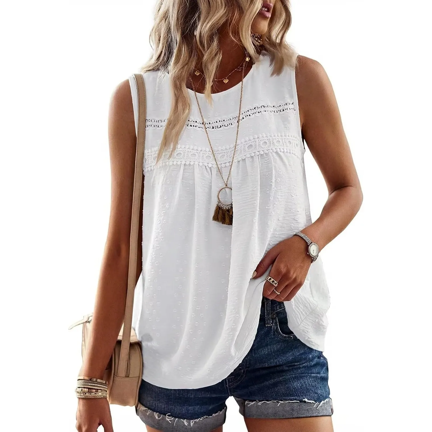 Tank Top Damen Sommer Bluse Ärmellose Oberteile Elegant Swiss Dot | Rundhal Ausschnitt Oberteile, Boho Swiss Dot T Shir…