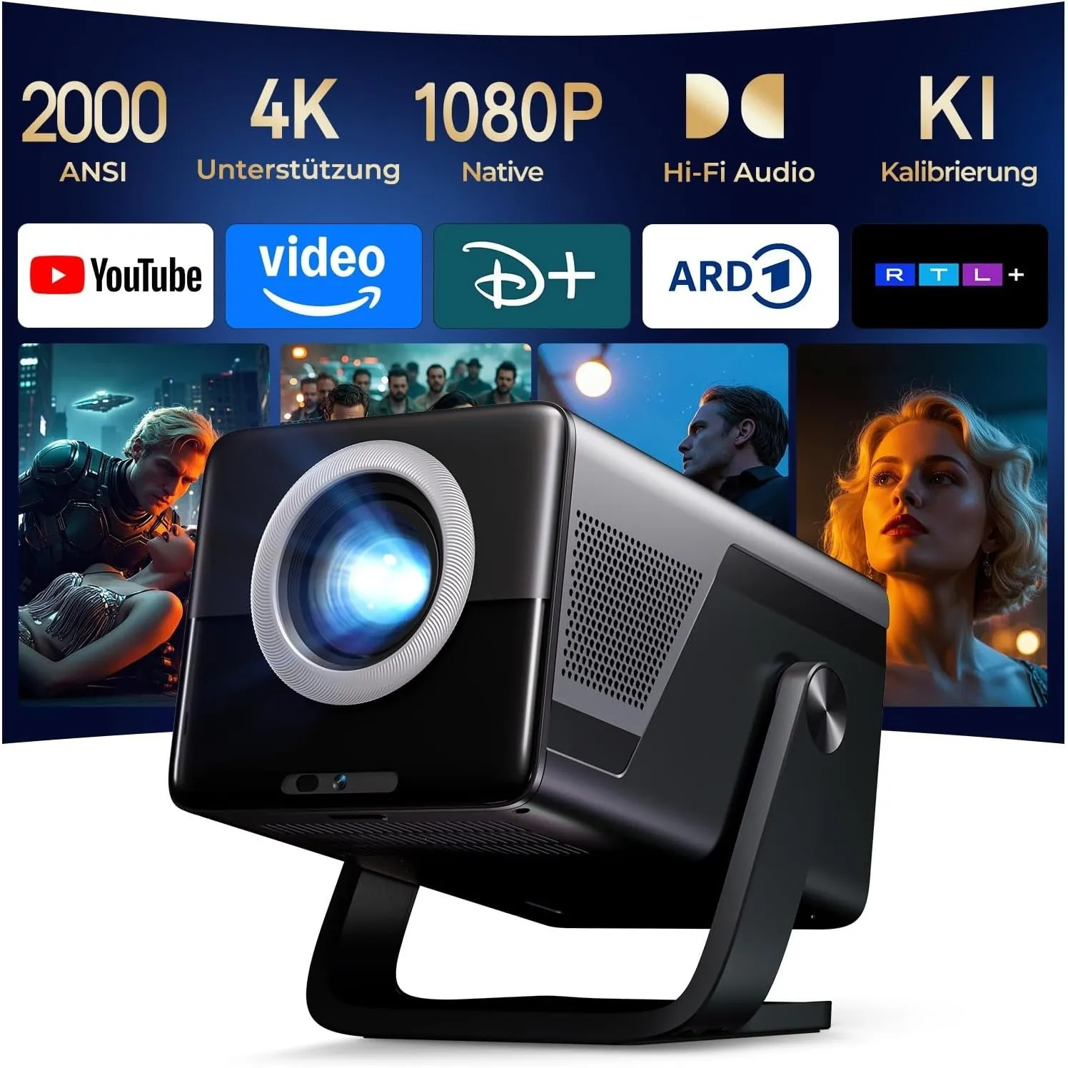 X7 Smart Beamer Native 1080P 4K-Unterstützung 2000 ANSI, Android 14 | Fernbedienung per App, KI-Sprachassistent&Autofok…