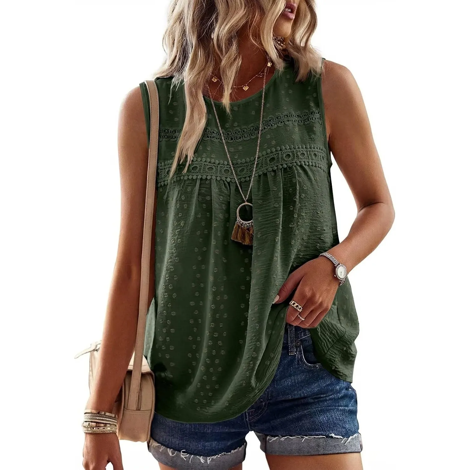 Tank Top Damen Sommer Boho Bluse Ärmellose Oberteile Fließend Elegant Rundhal T Shirt Lässig Basic Sexy Spitze Outfits