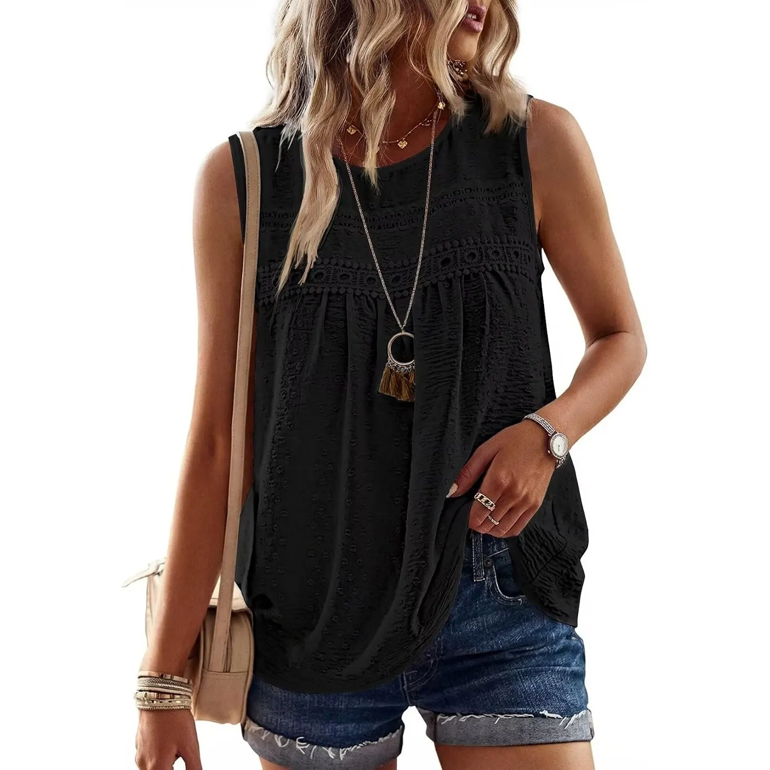 Tank Top Damen Sommer Bluse Ärmellose Oberteile Elegant Swiss Dot | Rundhal Ausschnitt Oberteile, Boho Swiss Dot T Shir…