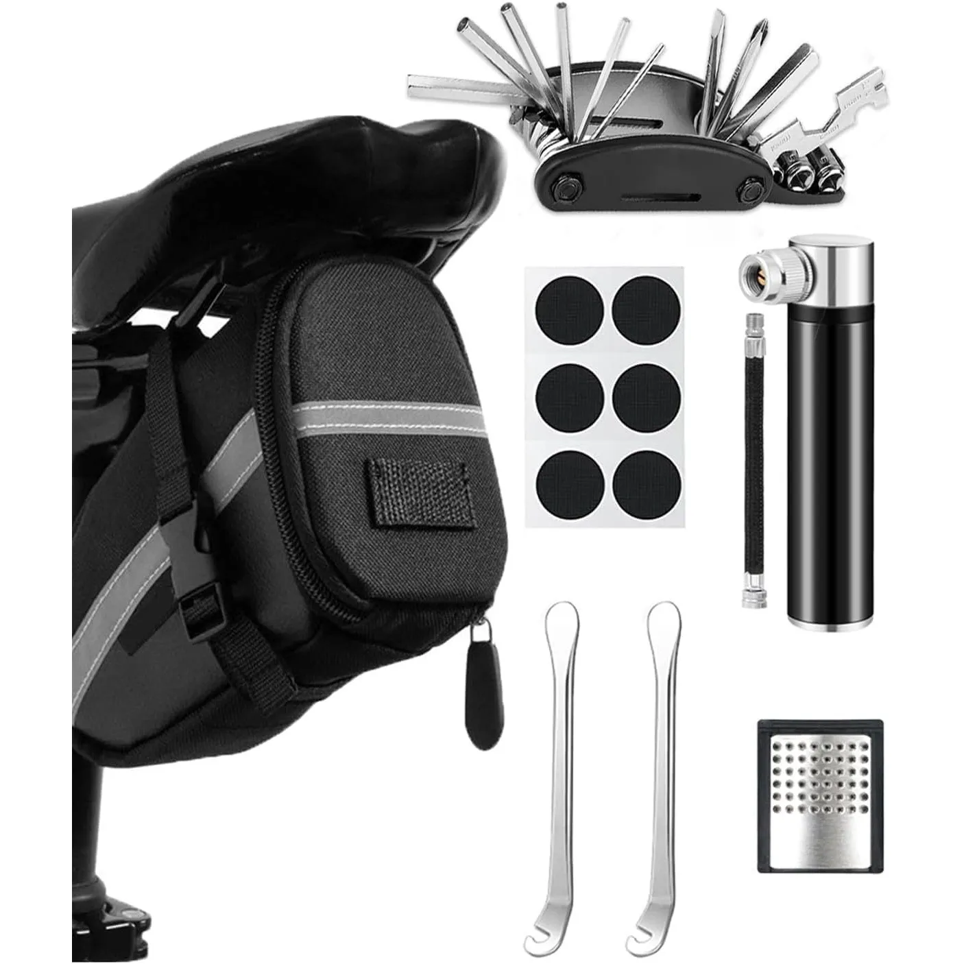 Fahrrad Reparaturset mit Satteltasche, 16-in-1 Fahrrad Multitool + 120 PSI Mini-Luftpumpe, Fahrrad Werkzeugset unterweg…