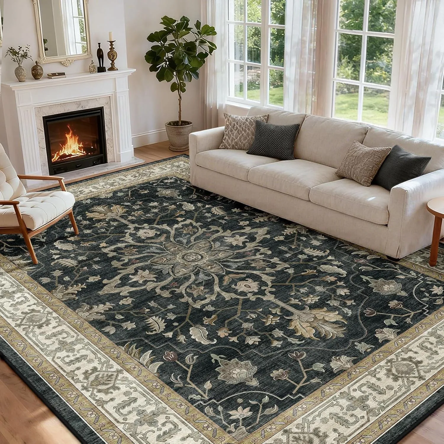 INOVADAY Teppich Wohnzimmer Waschbar 244x305 cm Retro Schwarz/Beige