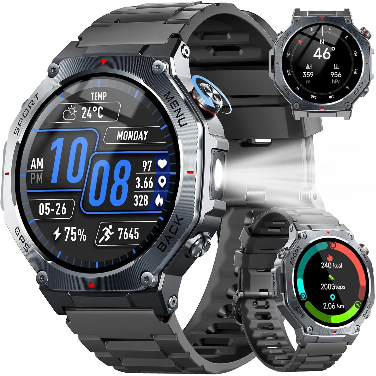 Militär Smartwatch Herren GPS, 1.43" AMOLED Fitnessuhr mit Bluetooth Anruf, 5ATM Sportuhr Fitness Tracker mit Herzfrequ…