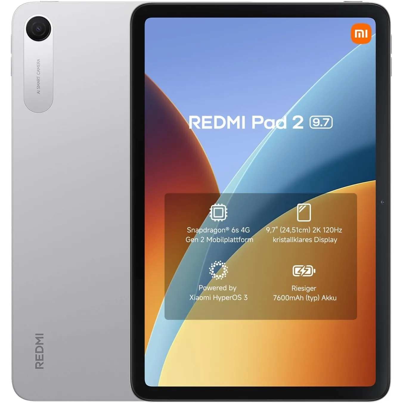 XIAOMI Redmi Pad 2 Tablet 9,7 Zoll, 4GB + 128GB, Snapdragon 6s Gen 2, 2K 120Hz Display, 7600mAh Akku, Silber, 3 Jahre G…
