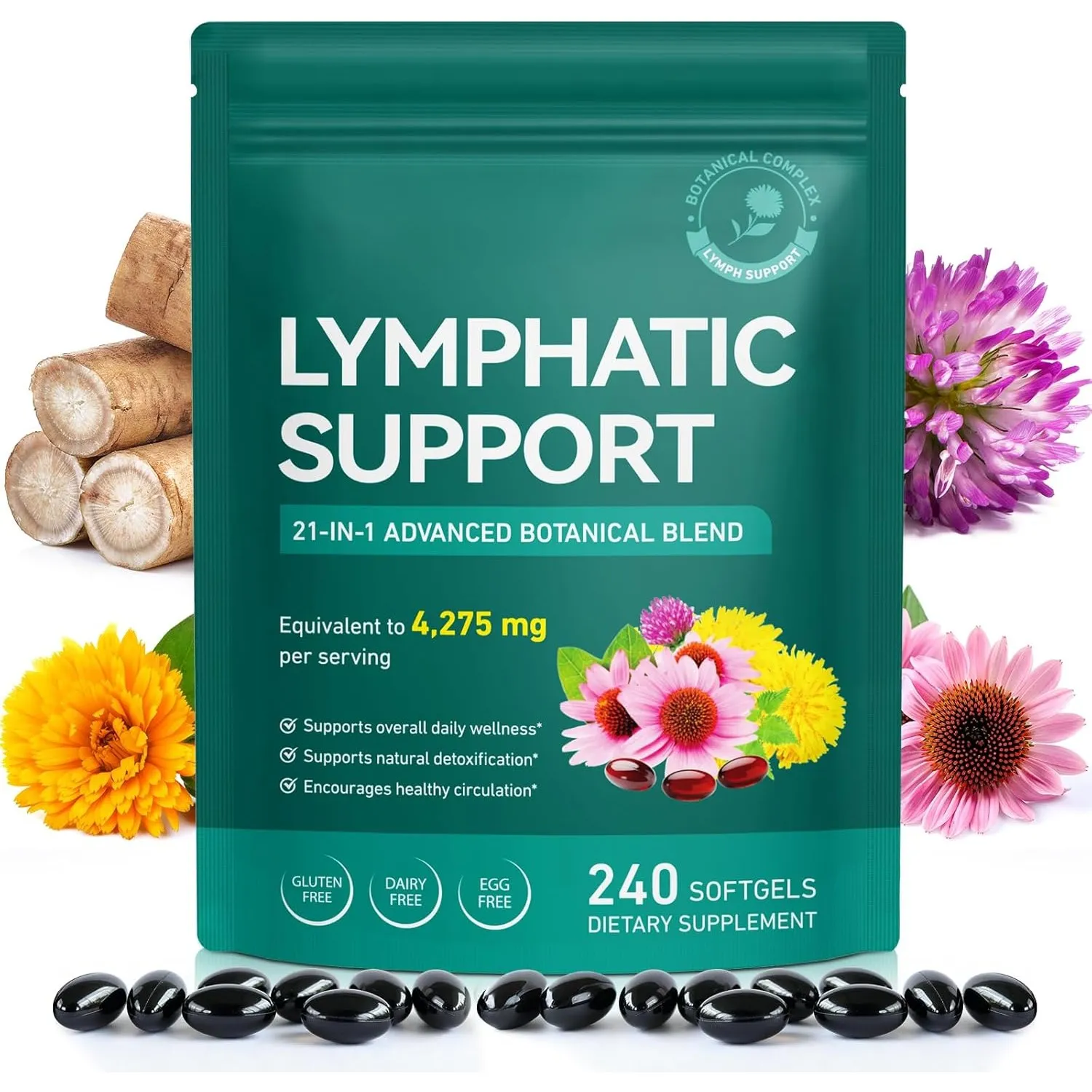 Lymphdrainage Kapseln, Botanical Complex, 240 Softgels, Lymphdrainage Lymphatic Drainage Supplement 4275mg, 21-in-1- Kr…