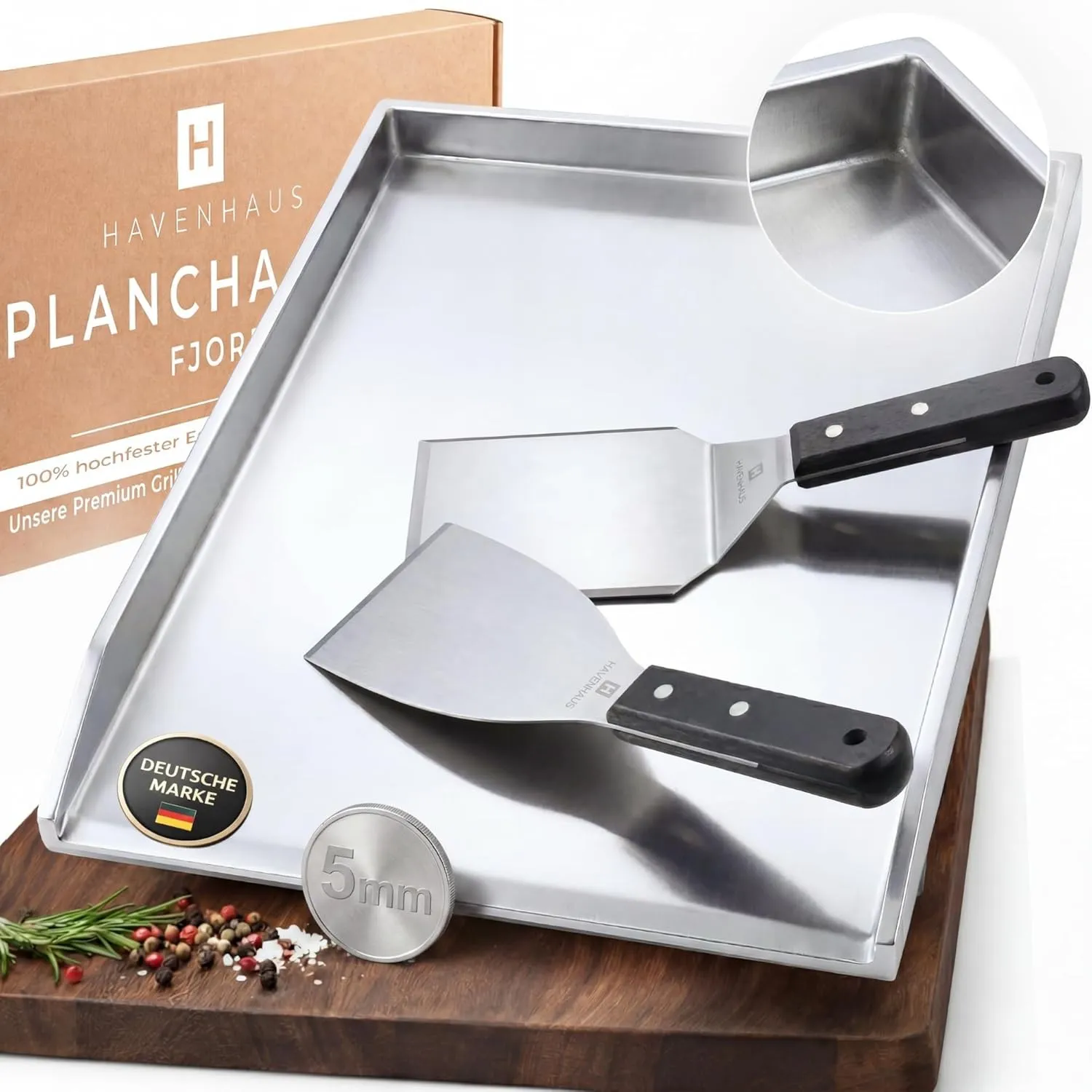 𝗛𝗔𝗩𝗘𝗡𝗛𝗔𝗨𝗦 Premium Plancha Grillplatte 5mm Edelstahl [40x30cm] I Massive Grillplatte 5mm mit geschlossenen Ecken & 20% d…