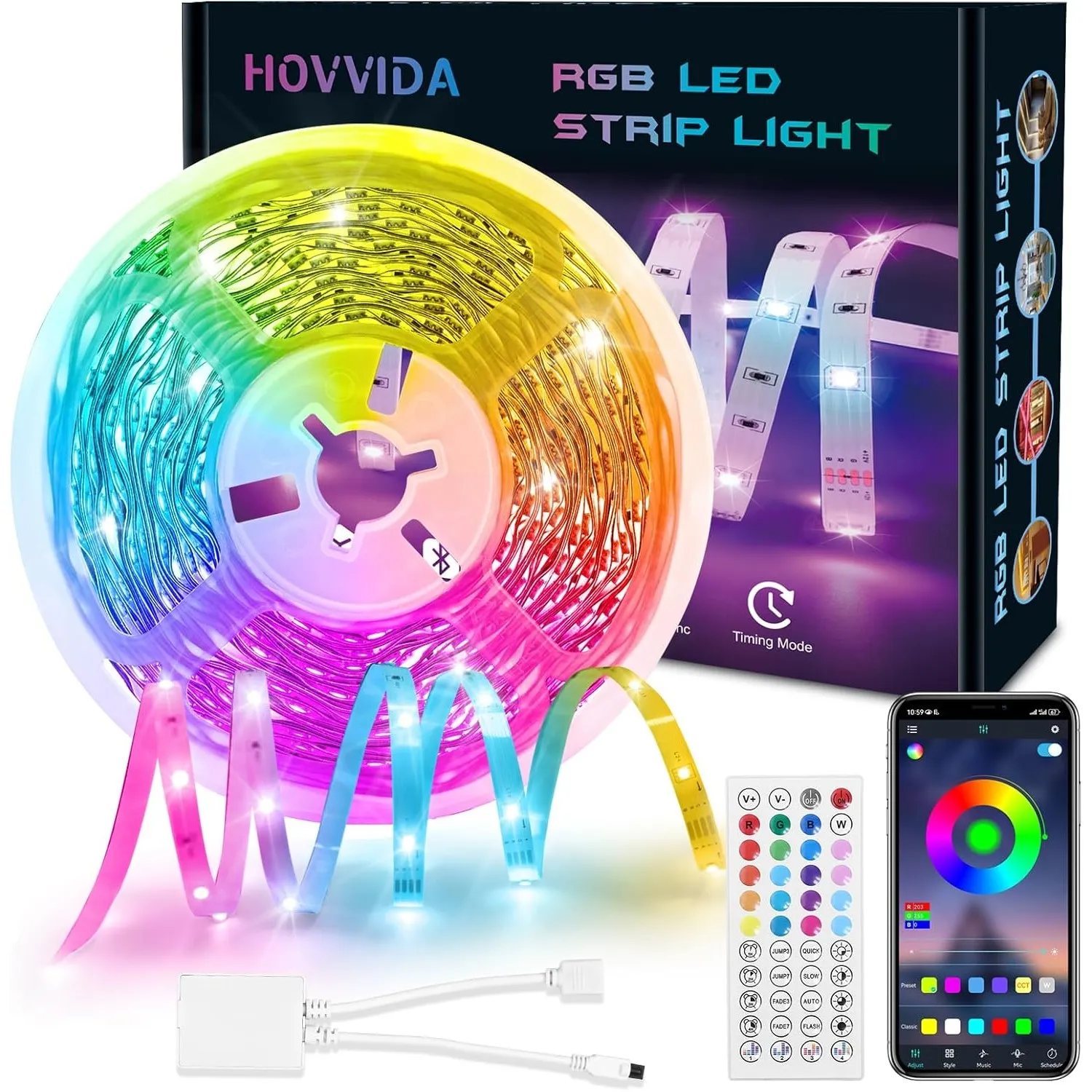 HOVVIDA LED Strip 10M, 1x10M, 30 LEDs/Meter, RGB LED Streifen, 300 LED, APP und Fernbedienung, Musikmodus, Timing-Modus…
