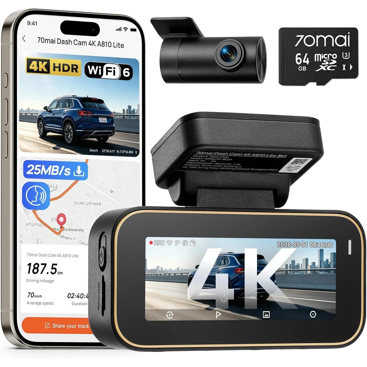 70mai A810 Lite Dashcam Auto 4K, Dashcam Auto Vorne Hinten Wi-Fi 6 25MB/s