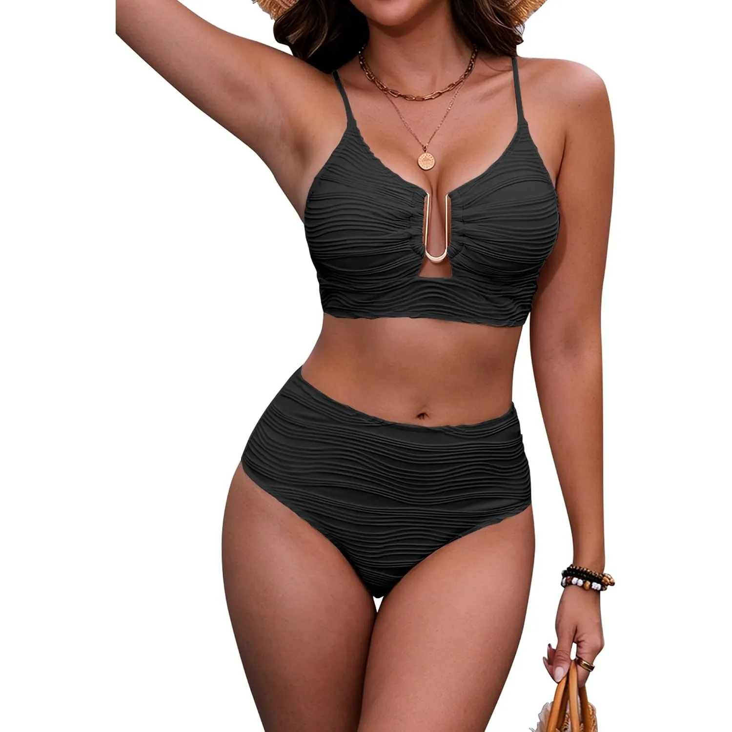 HORISUN Hochtaillierter Bikini Damen Zweiteilig mit verstellbaren Trägern U-Metallverschluss Push Up Bauchweg Figurform…