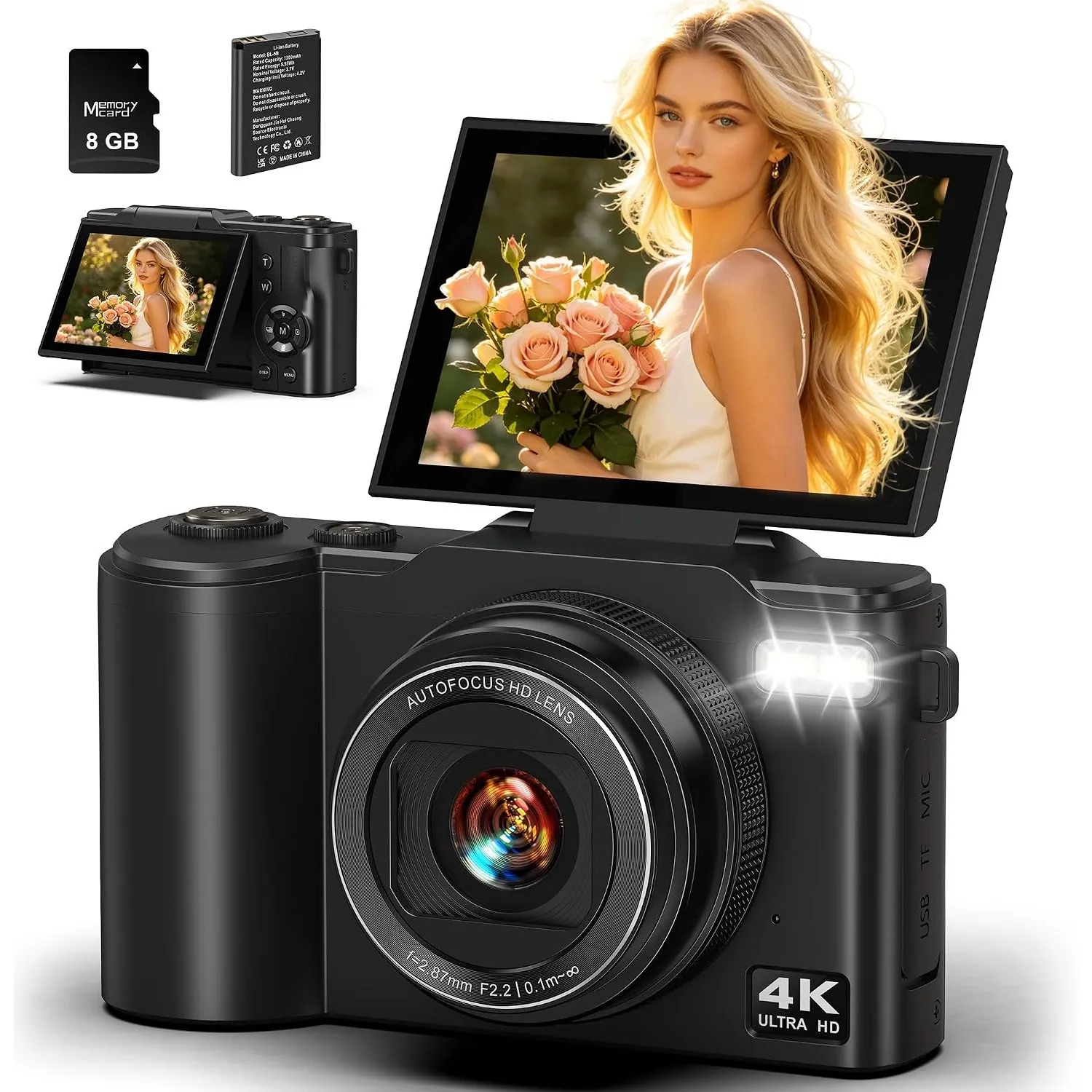 4K Digitalkamera, 64MP Kamera fotokamera | 3" 180° Klappbildschirm, Autofokus, 1500mAh Akku,18X Digitalzoom, 16 Filter …