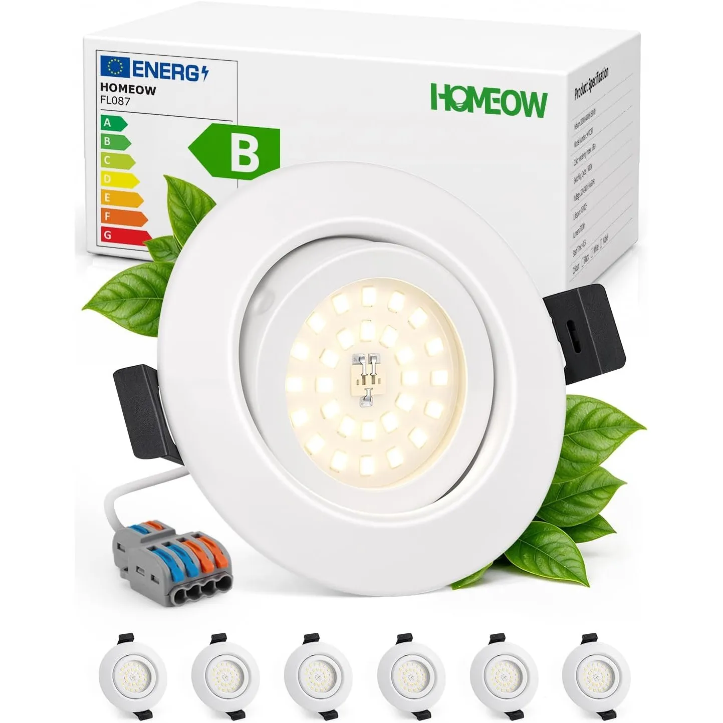 HOMEOW LED Einbaustrahler 230V Metallgehäuse Schwenkbar IP44 Weiß 6er Set