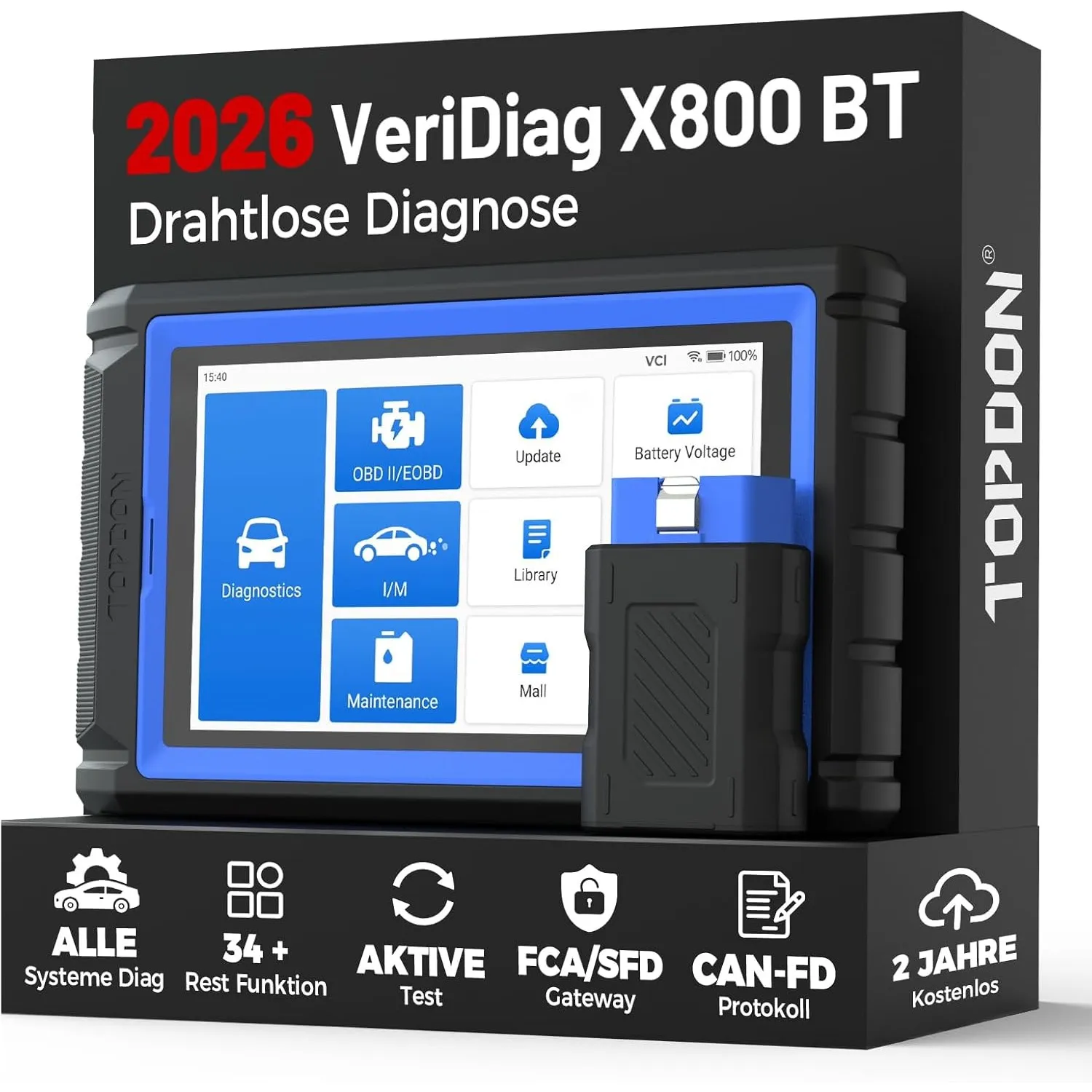 TOPDON VeriDiag X800 BT OBD2 Diagnosegerät für alle Fahrzeuge, Bidirektionales Diagnosegerät Auto mit 34 Servicefunktio…