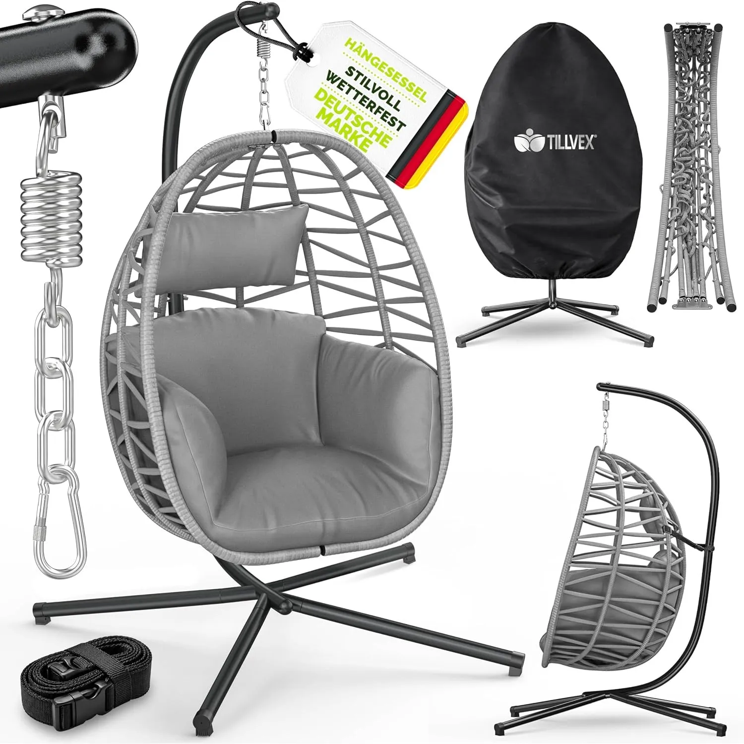 tillvex® Hängesessel mit Gestell Outdoor Indoor mit wetterfester Abdeckung | Hängekorb klappbar bis 150 kg mit Befestig…