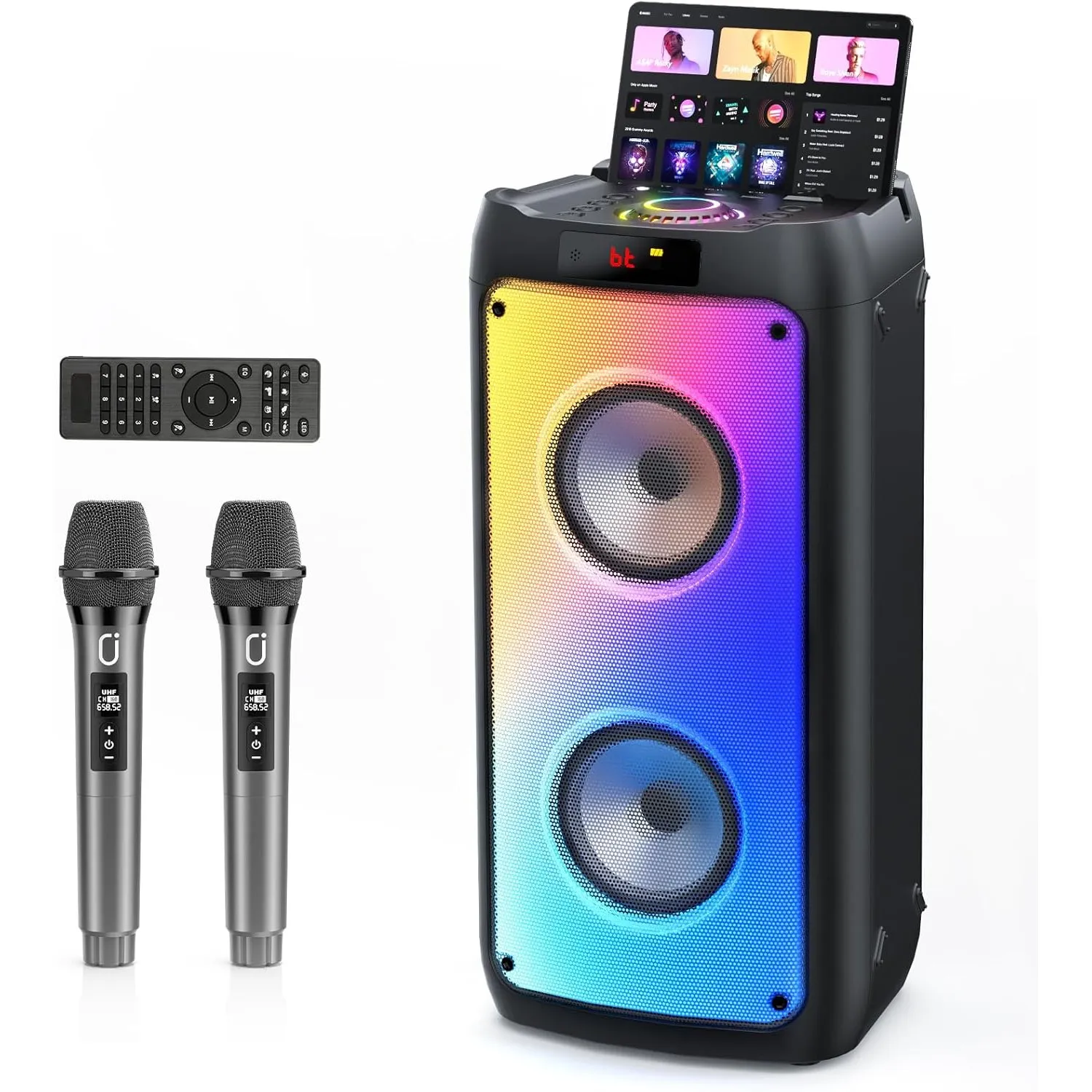 JYX Karaoke Maschine, Karaoke Anlage Mit 2 Mikrofonen, Tragbarer Bluetooth Lautsprecher Mit RGB Licht, Karaoke Box Kara…