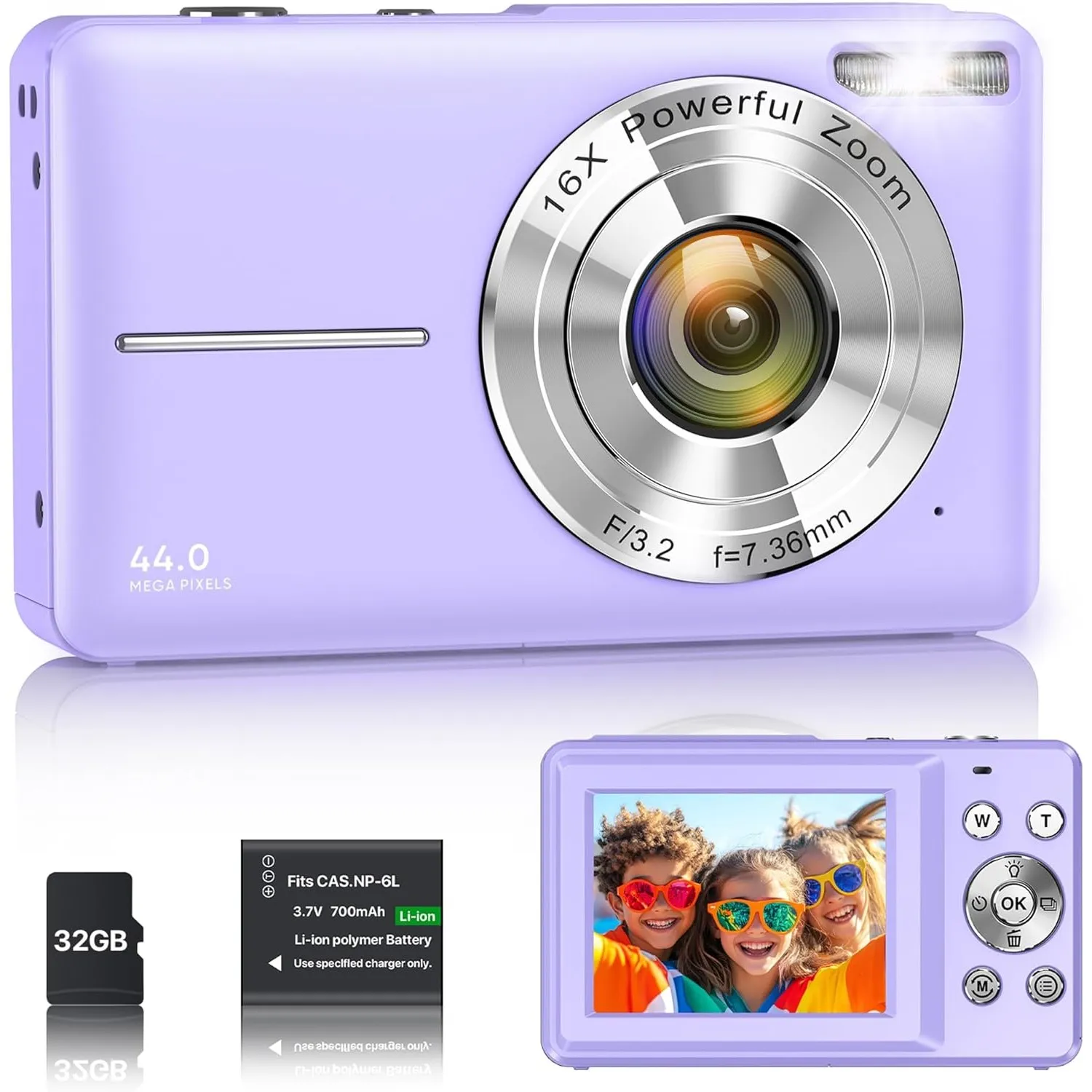 Digitalkamera 1080P 44MP Vlogging Kamera für Kinder Jugendliche, FHD Kompaktkamera Fotokamera mit 2,4" Bildschirm 16X Z…