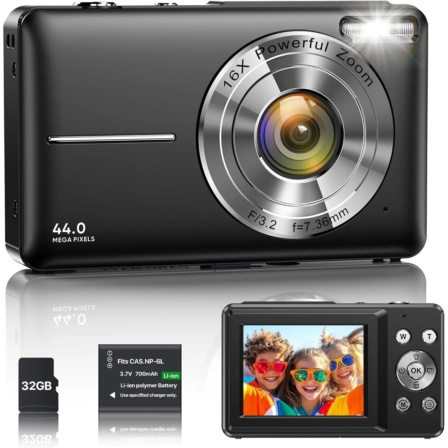 Digitalkamera 1080P 44MP Vlogging Kamera für Kinder Jugendliche, FHD Kompaktkamera Fotokamera mit 2,4" Bildschirm 16X Z…