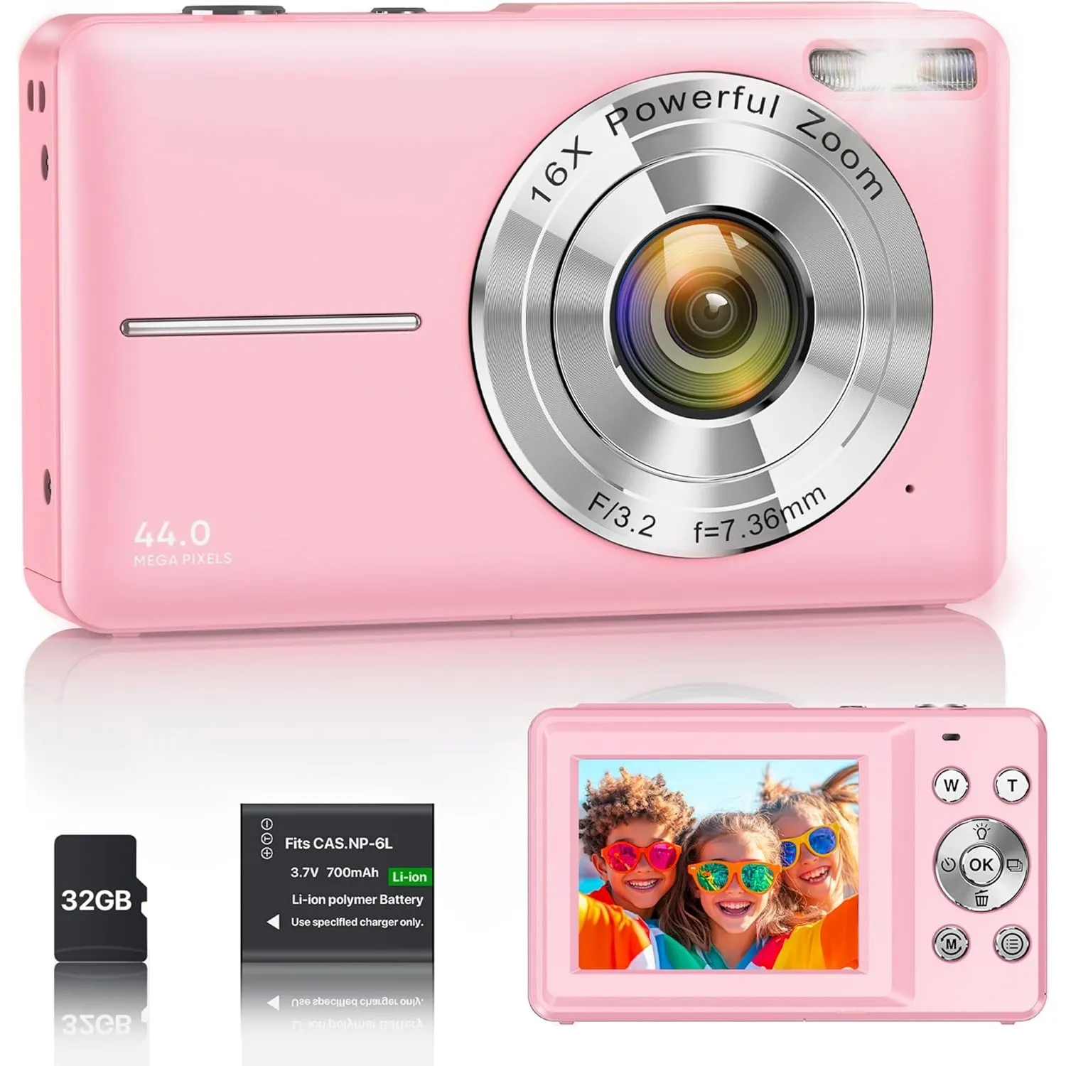 Digitalkamera 1080P 44MP Vlogging Kamera für Kinder Jugendliche, FHD Kompaktkamera Fotokamera mit 2,4" Bildschirm 16X Z…