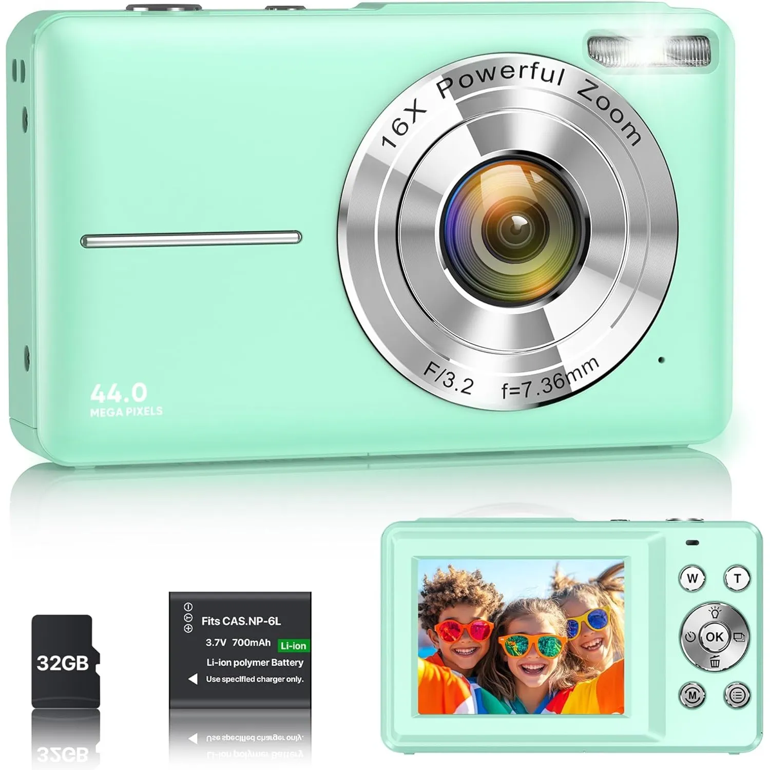 Digitalkamera 1080P 44MP Vlogging Kamera für Kinder Jugendliche, FHD Kompaktkamera Fotokamera mit 2,4" Bildschirm 16X Z…