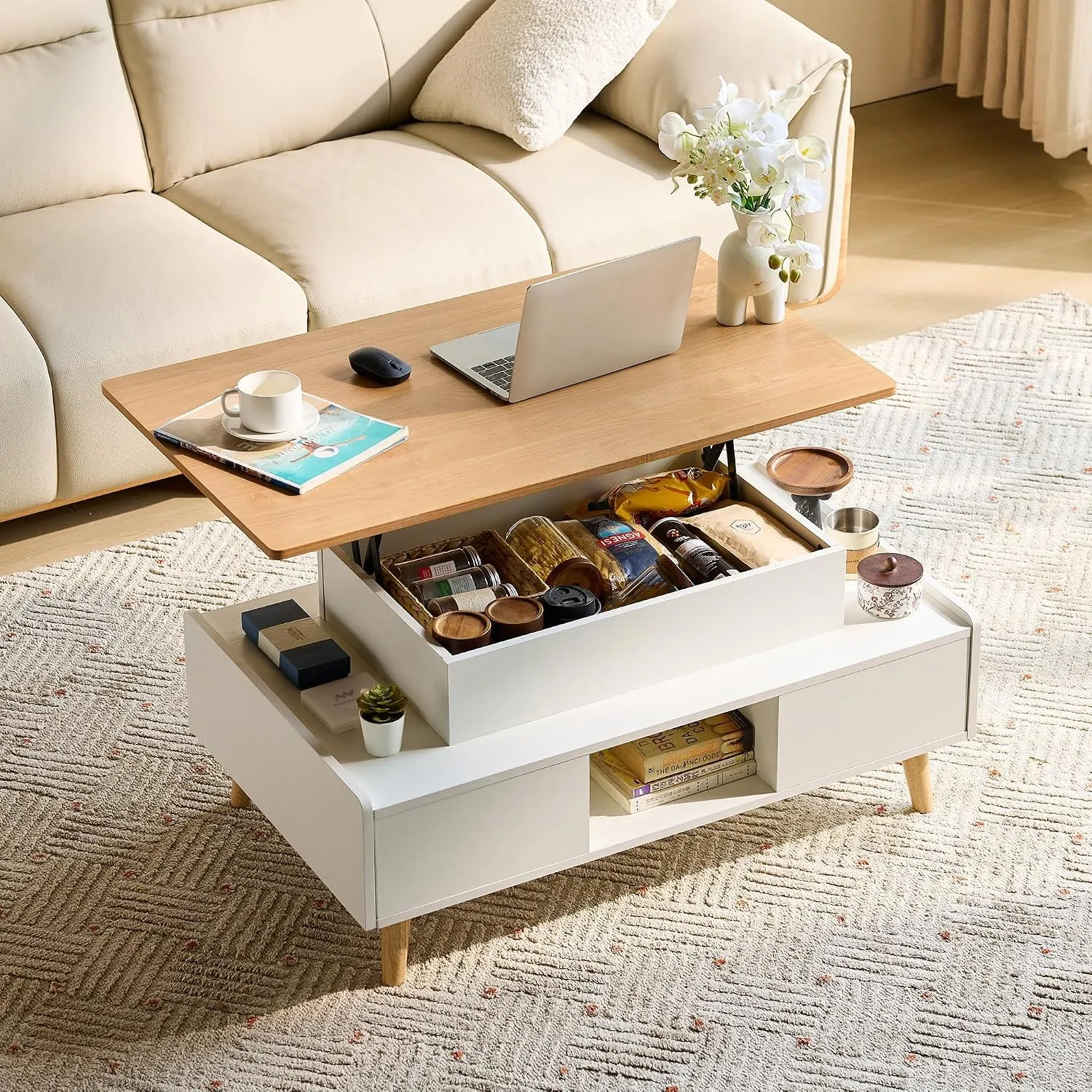 LINSY HOME Couchtisch Höhenverstellbar mit Stauraum, Höhenverstellbarer Coffee Table, Wohnzimmertisch mit 2 Großem Schu…