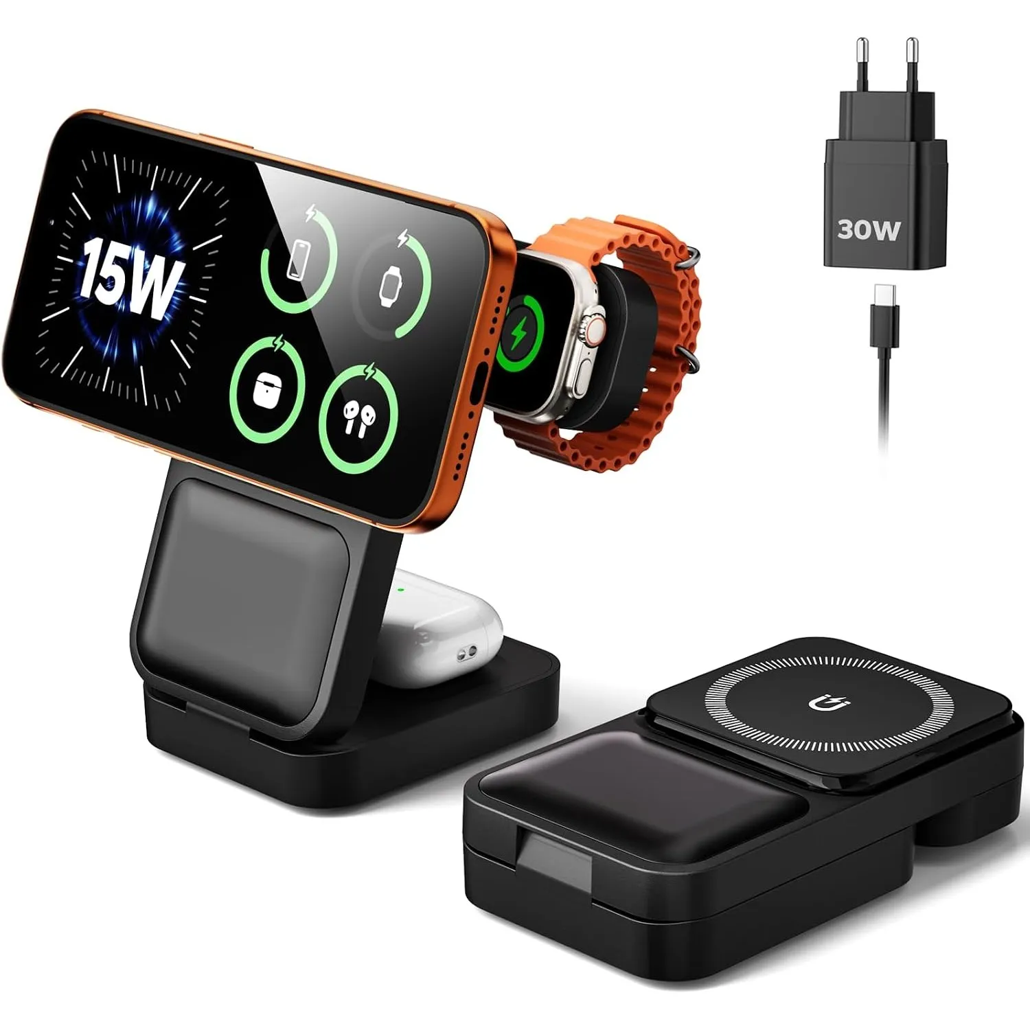 15W Magsafe Ladestation für Apple Watch und iPhone Faltbare mit Schnellladefunktion, 3 IN 1 Magsafe Ladegerät Reise, in…