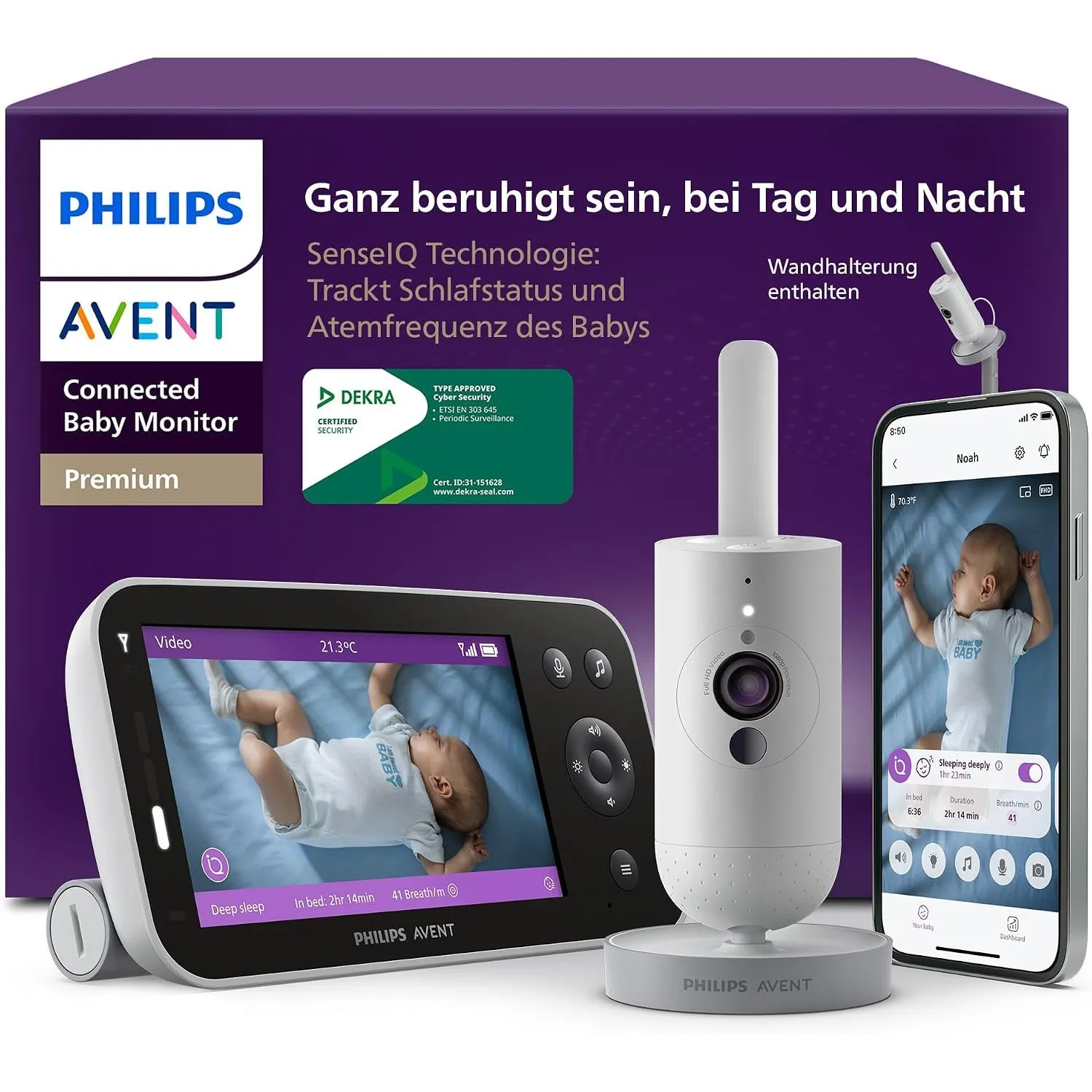 PHILIPS Avent Premium Connected Babyphone mit App - 1080 px HD-Kamera, Schlaf- & Atemtracking mit KI, Schrei-Interpreta…