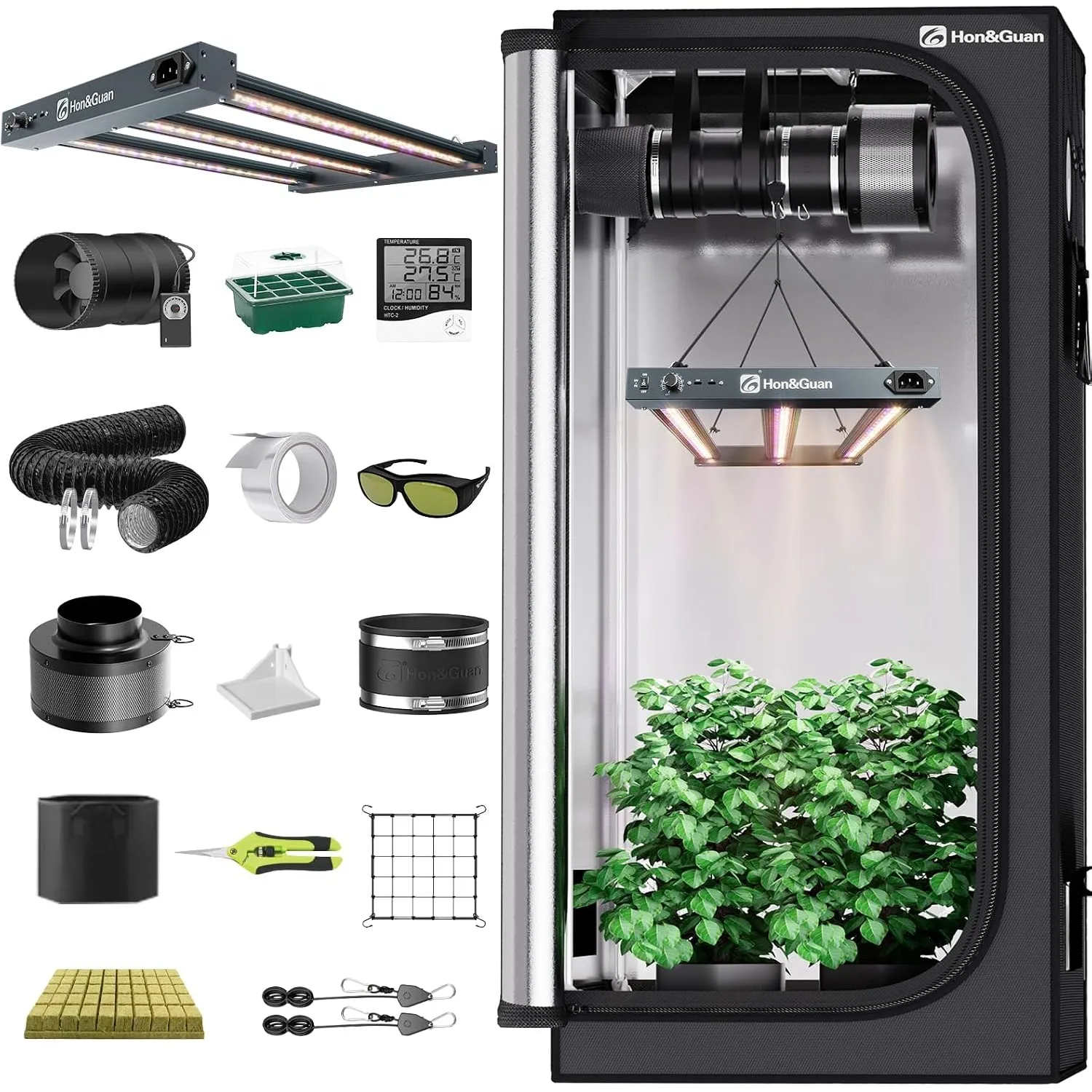 Hon&Guan Growzelt Komplettset 80x80x180cm mit 160W Dualmodus LED Grow Lampe (UV+FR), 150mm Leiser Rohrventilator Aktivk…